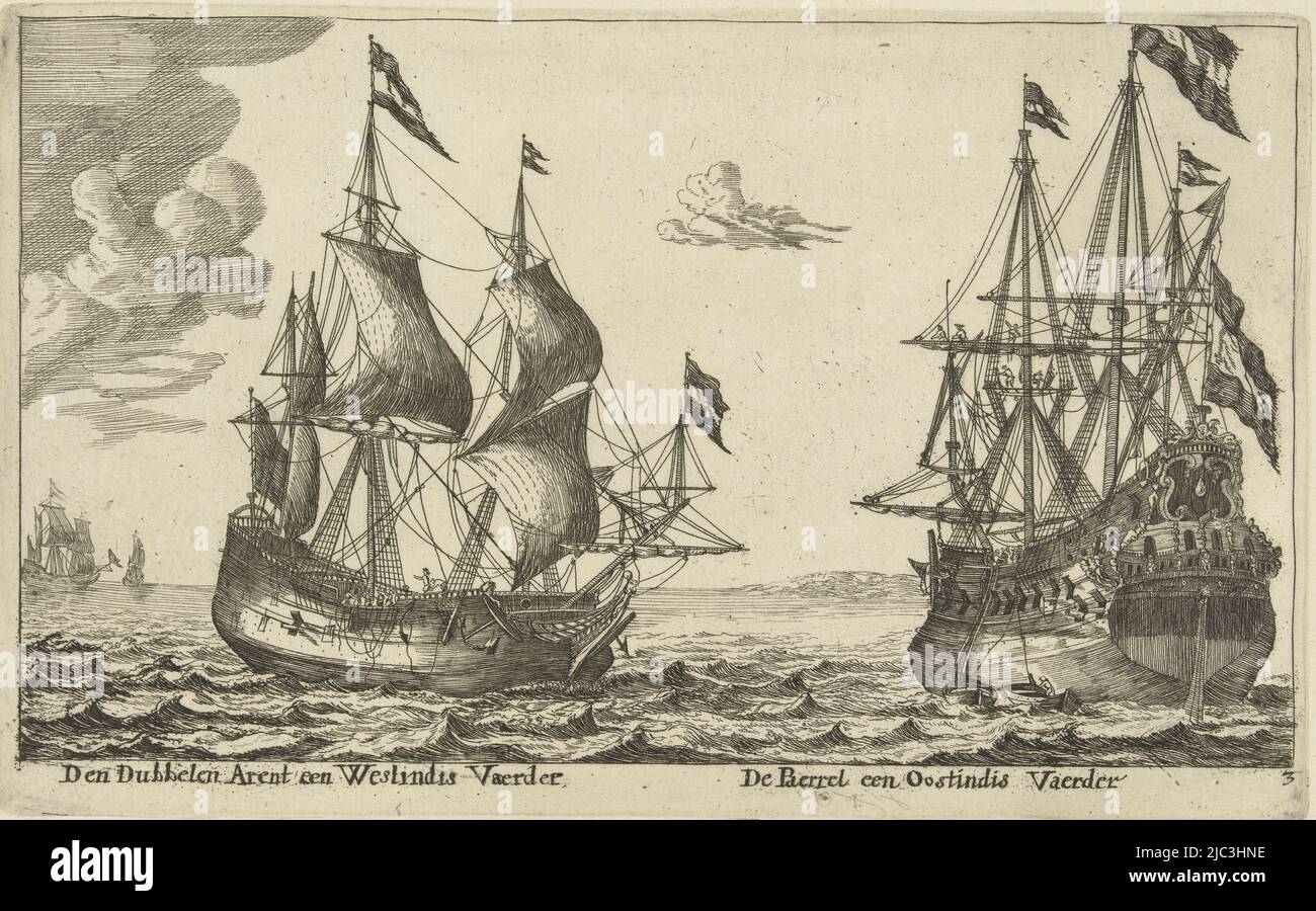 Copier dans l'image miroir. Deux navires marchands en mer près de la terre. A gauche de Dubbele Arend, a West Indiaman et à droite de Parel, an East Indiaman, les navires de Parel et de Dubbele Arend Den Dubbelen Arent a Westimis Vaerder, de Paerrel an Oostimis Vaerder (titre sur objet), Imprimeur: Reinom, Norel, 1652 - 1714 anonyme, pays-Bas, papier, gravure, h 130 mm × l 211 mm Banque D'Images