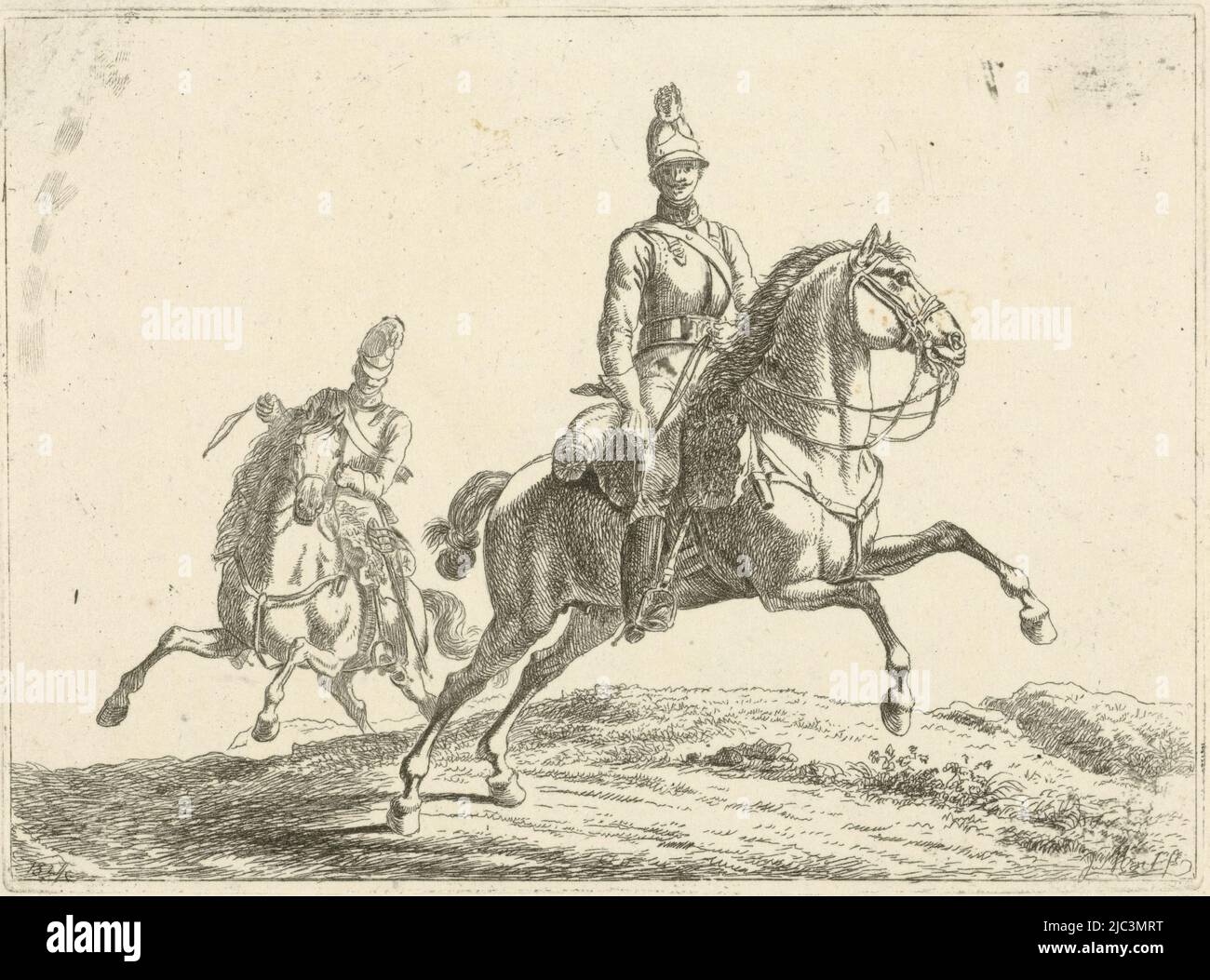 Deux soldats à cheval, imprimeur: Johannes Mock, (mentionné sur l'objet), pays-Bas, 1821 - 1827, papier, gravure, h 103 mm × l 140 mm Banque D'Images