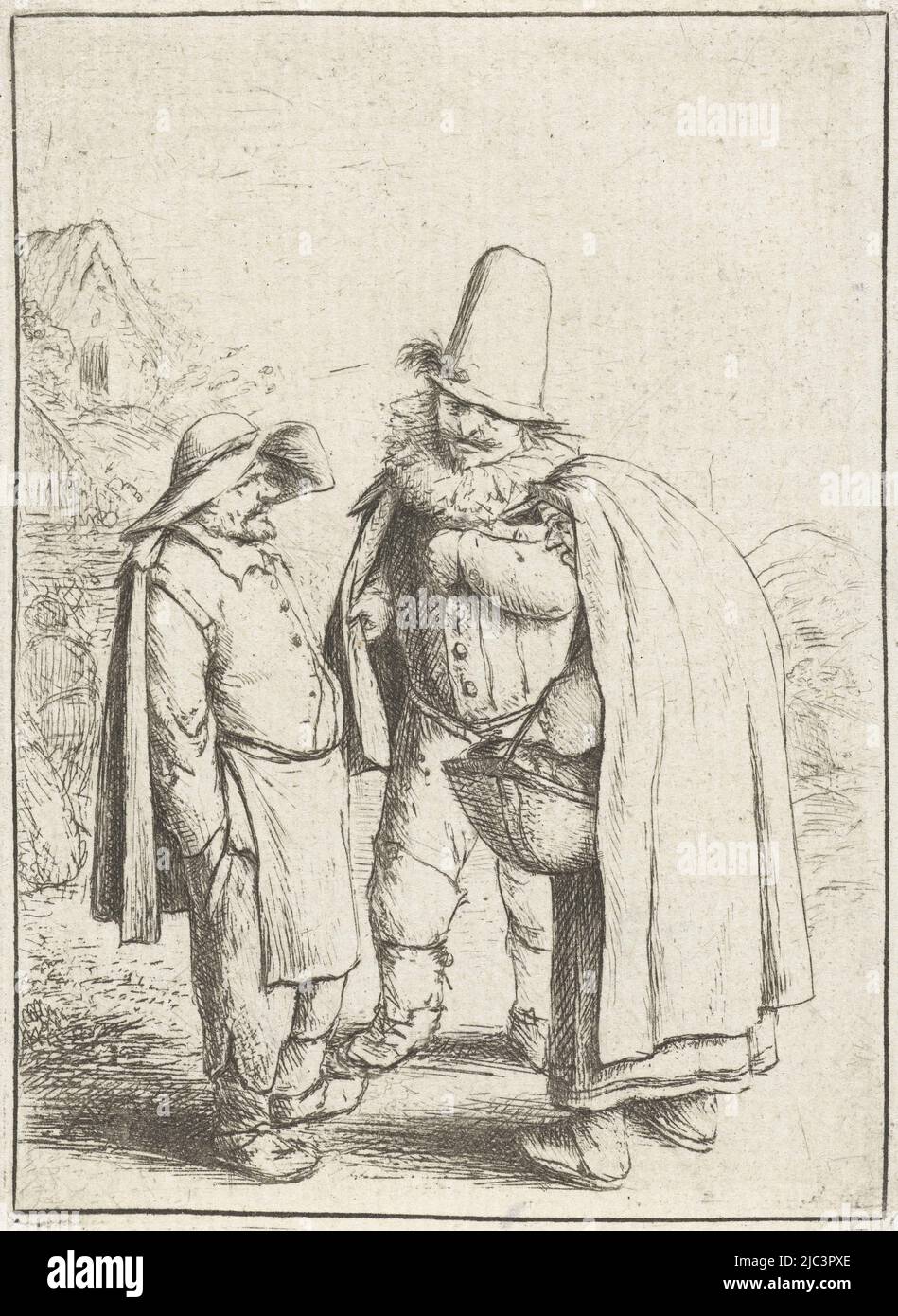Bien que l'ancien titre décrit les figures comme trois grotesques, une interprétation différente de la scène peut être faite à partir des vêtements. L'homme avec le col plissé proéminent est un quack. Il s'adresse à un homme et à une femme qui portent des vêtements de paysans qui apparaissent également ailleurs dans l'oeuvre de l'artiste. Le capot de la femme est particulièrement distinctif, Quack et une paysanne et paysanne trois personnages grotesques, imprimerie: Adriaen van Ostade, Haarlem, 1645 - 1649, papier, gravure, h 88 mm × l 63 mm Banque D'Images
