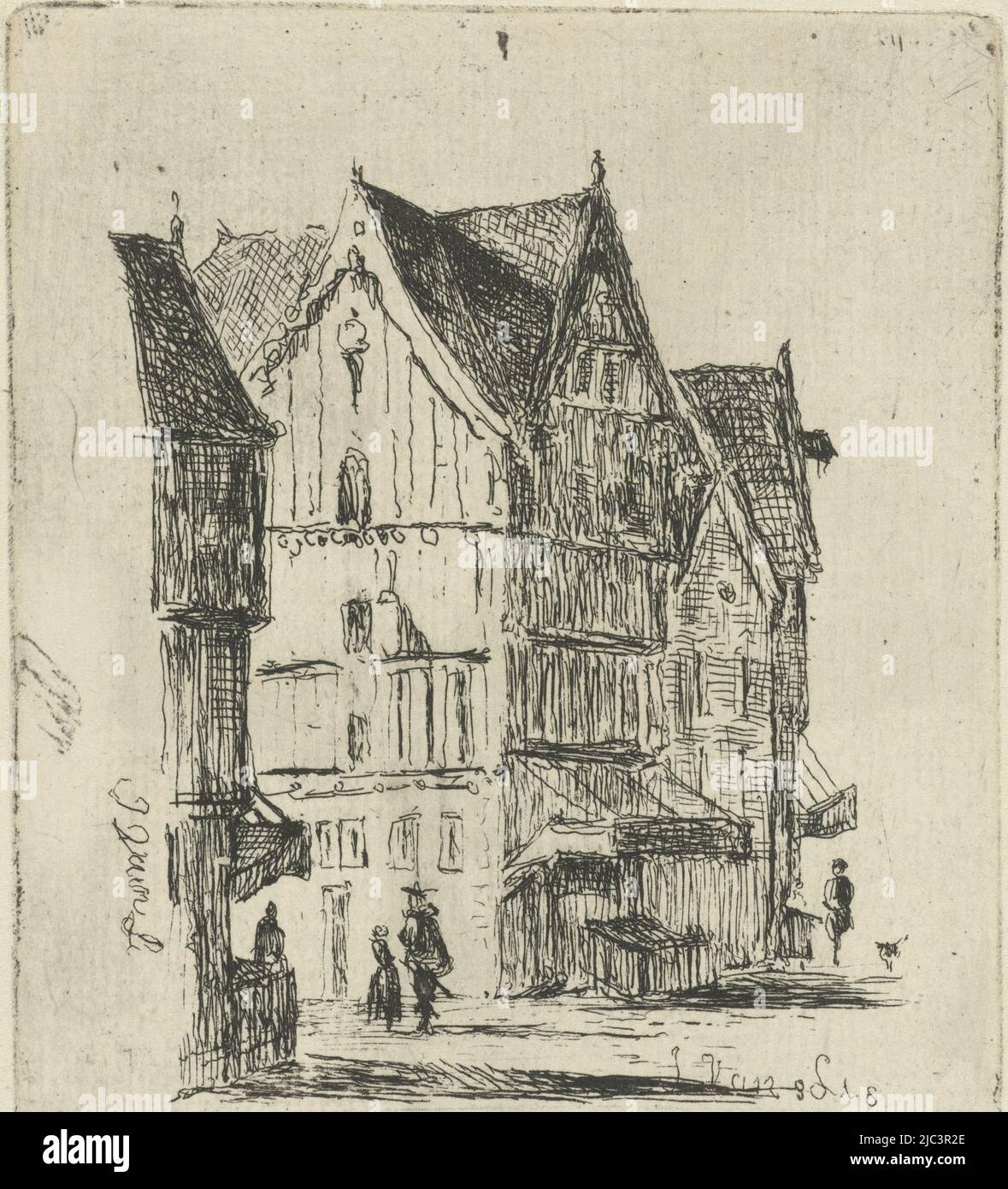 Vue sur la rue avec maisons en bois et quelques marcheurs, vue sur la rue, imprimerie: Joannes van Liefland, (mentionné sur l'objet), 1819 - 1861, papier, gravure, h 92 mm × l 78 mm Banque D'Images