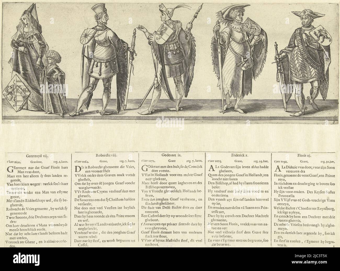 Représentation d'une femme avec bouclier et de quatre hommes avec épée et bouclier. Selon la légende qui l'accompagne, il s'agit de la comtesse de la Hollande Geertruida VII et des comtes de la Hollande Robrecht VIII, Godfrey IX, Dirk X et Floris XI (signifiant Geertruida de Saxe, Robrecht i le frison, Godfrey III avec le Hump, Dirk V et Floris II). Cet imprimé fait partie d'une série de huit imprimés numérotés des dénombrements et des countesses de Hollande avec des textes explicatifs néerlandais en typographie. L'impression et le texte sont toujours attachés à une feuille. Les années mentionnées dans les légendes ne semblent pas être très précises Banque D'Images