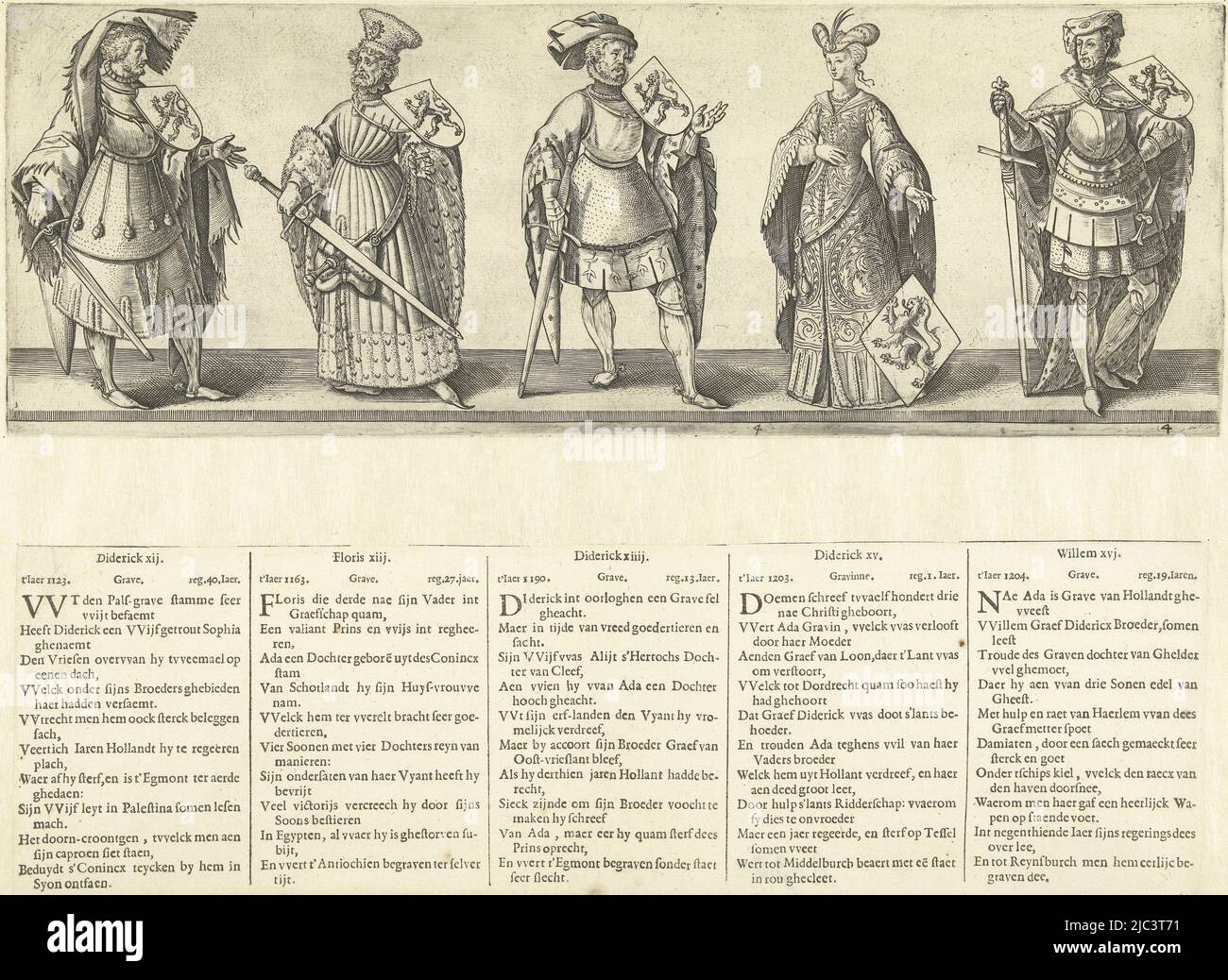 Représentation d'une femme avec bouclier et de quatre hommes avec épée et bouclier. Selon la légende, il s'agit des comtes de Holland Dirk XII, Floris XIII et Dirk XIV, comtesse de Holland Ada ('Dirk XV', selon la légende) et du Comte de Holland Willem XVI (signifiant Dirk VI, Floris III, Dirk VII, Ada et Willem I). Cet imprimé fait partie d'une série de huit imprimés numérotés des dénombrements et des countesses de Hollande avec des textes explicatifs néerlandais en typographie. L'impression et le texte sont toujours attachés à une feuille. Les années mentionnées dans les légendes ne semblent pas s'ajouter: Comtes Dirk XII, Floris Banque D'Images