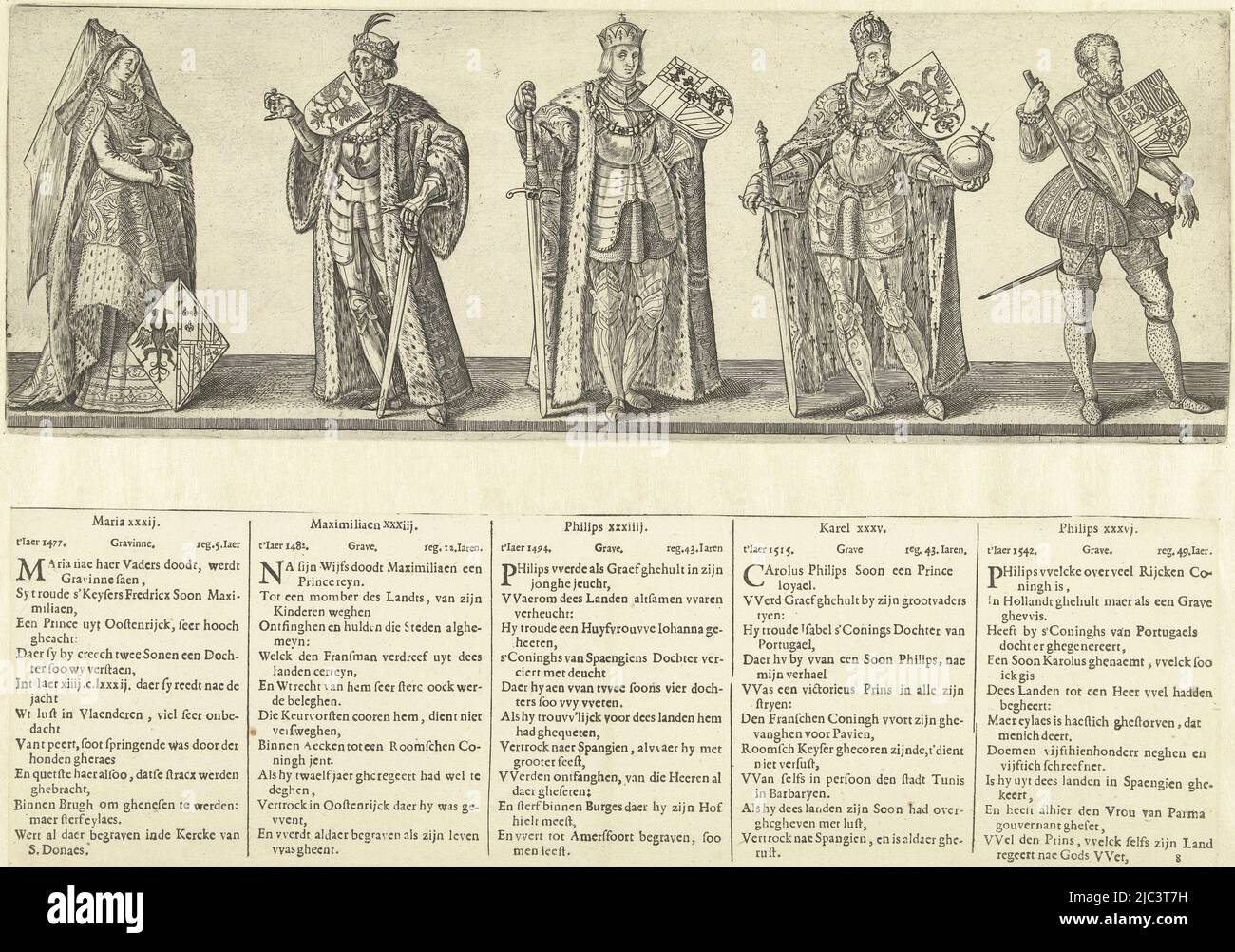 Représentant une femme avec bouclier et personnel, et quatre hommes avec épée et bouclier. Selon la légende qui l'accompagne, les chiffres sont la comtesse de la Hollande Maria XXXII et les comtes de la Hollande Maximilien XXXIII, Philippe XXXIV, Charles XXXV et Philippe XXXVI (signifiant Marie de Bourgogne, Maximilien I de Habsbourg, Philippe le beau, Charles V de Habsbourg et Philippe II). Cet imprimé fait partie d'une série de huit imprimés numérotés des dénombrements et des countesses de Hollande avec des textes explicatifs néerlandais en typographie. L'impression et le texte sont toujours attachés à une feuille. Les années mentionnées dans le Banque D'Images