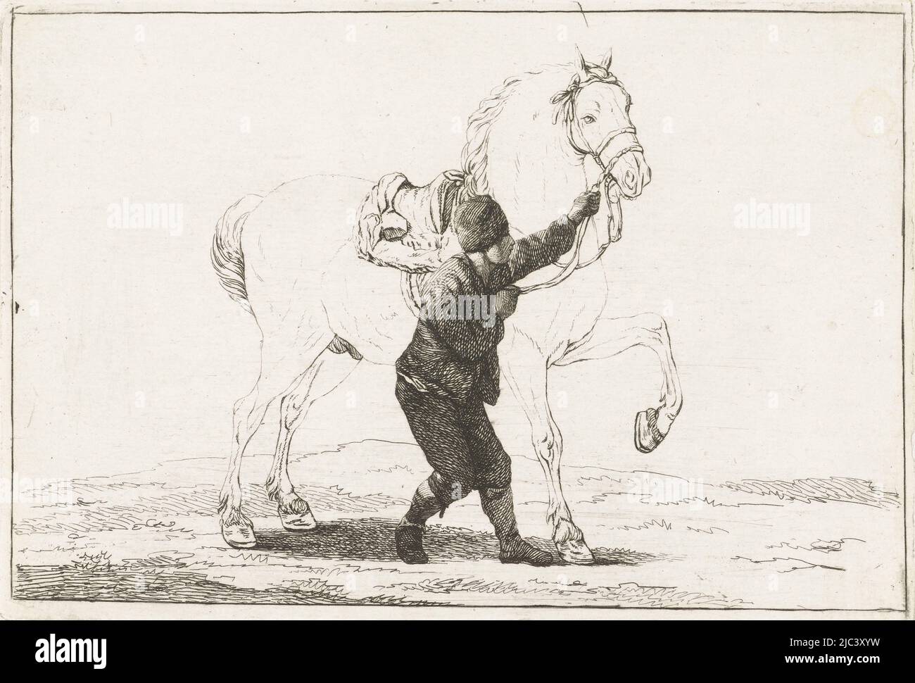 Un garçon tient un cheval au rein. Le cheval n'est montré que dans les grandes lignes, Un garçon tient un cheval à la bride, imprimeuse: Joannes Bemme, dessinateur intermédiaire: Dirk Langendijk, (éventuellement), 1800 - 1841, papier, gravure, h 103 mm × l 150 mm Banque D'Images