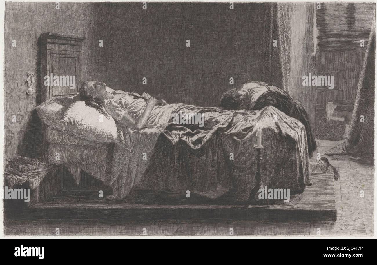 Une jeune femme repose sur son lit de mort. Un homme (peut-être l