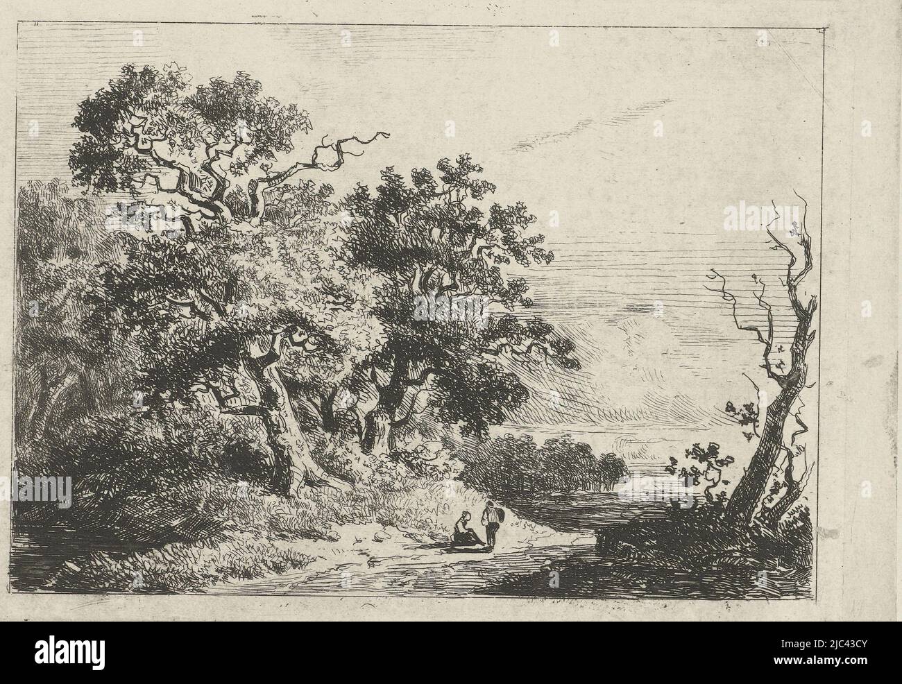 Paysage boisé avec une figure assise et debout sur une route., Paysage avec des arbres et des figures, Imprimeur: Constantinus Cornelis Huysmans, , Imprimeur: Breda, Paris, 1820 - 1886, papier, gravure, gravure, h 118 mm × l 152 mm Banque D'Images