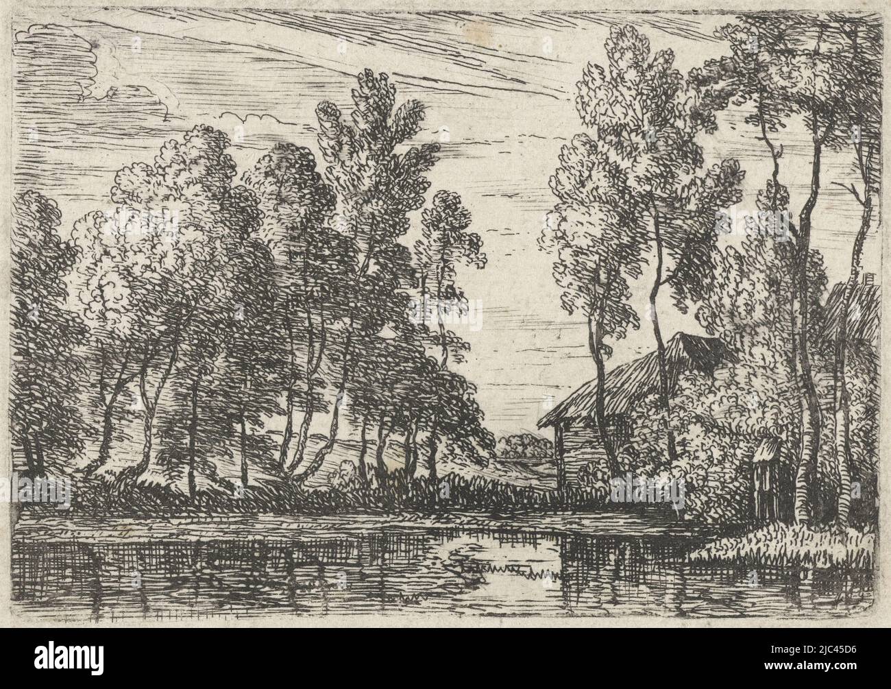 Une maison et une rangée d'arbres le long d'un canal, Canal petits paysages (titre de la série), imprimeur: Lodewijk de Vadder, Lodewijk de Vadder, pays bas, 1615 - 1655, papier, gravure, gravure, h 71 mm × l 102 mm Banque D'Images