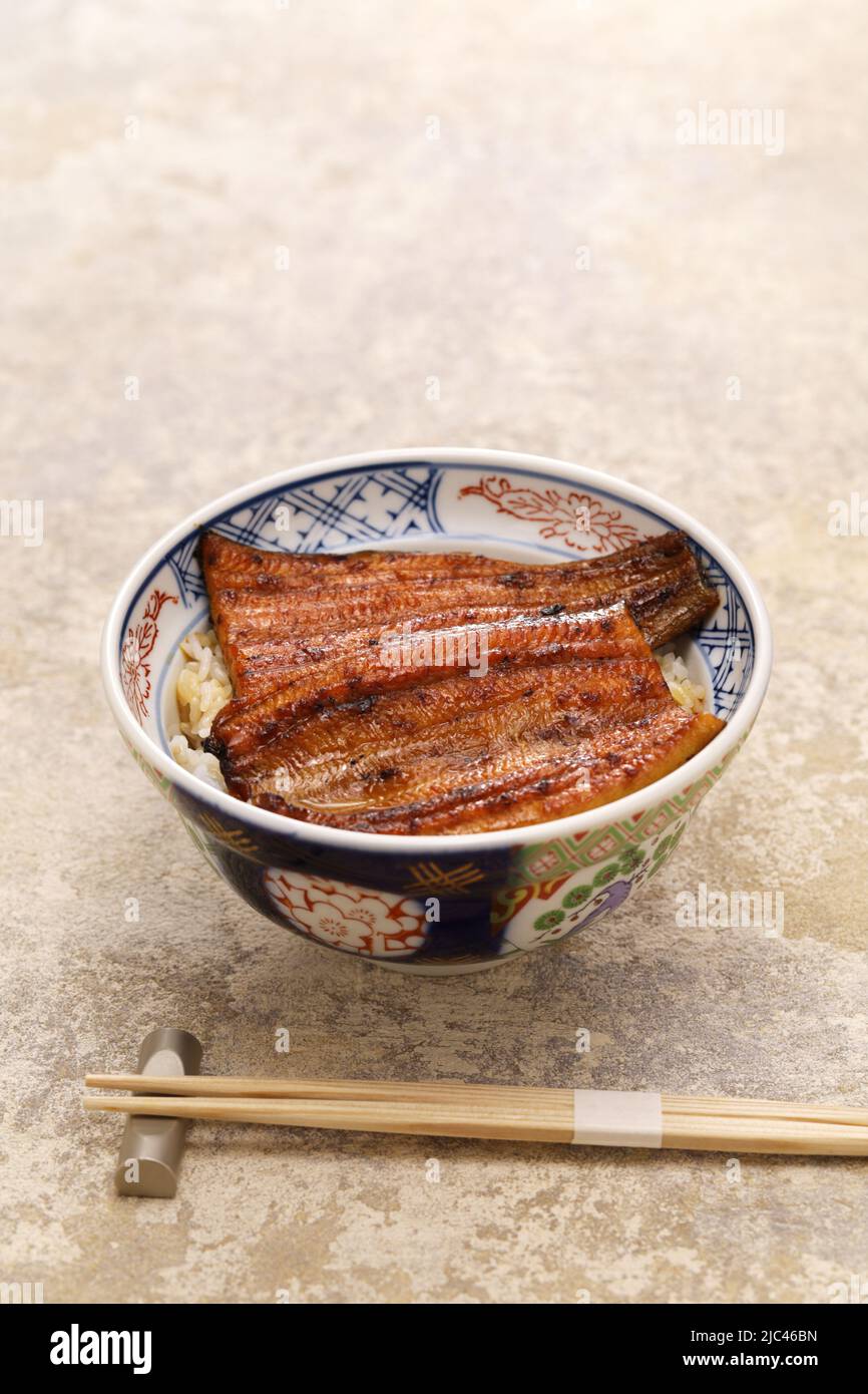 Unadon (charbon de bois grillé, anguille d'Unagi sur le riz), cuisine japonaise Banque D'Images