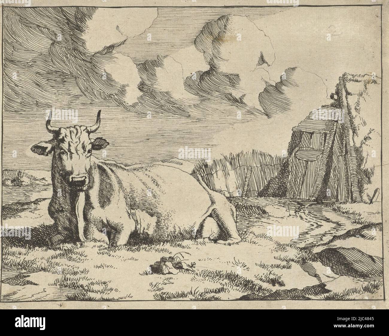 Numéro trois d'une série de huit, vaches et moutons inclinables (titre de la série), imprimerie : Marcus de Bye, Paulus Potter, la Haye, 1649 - 1677, papier, gravure, h 117 mm × l 146 mm Banque D'Images