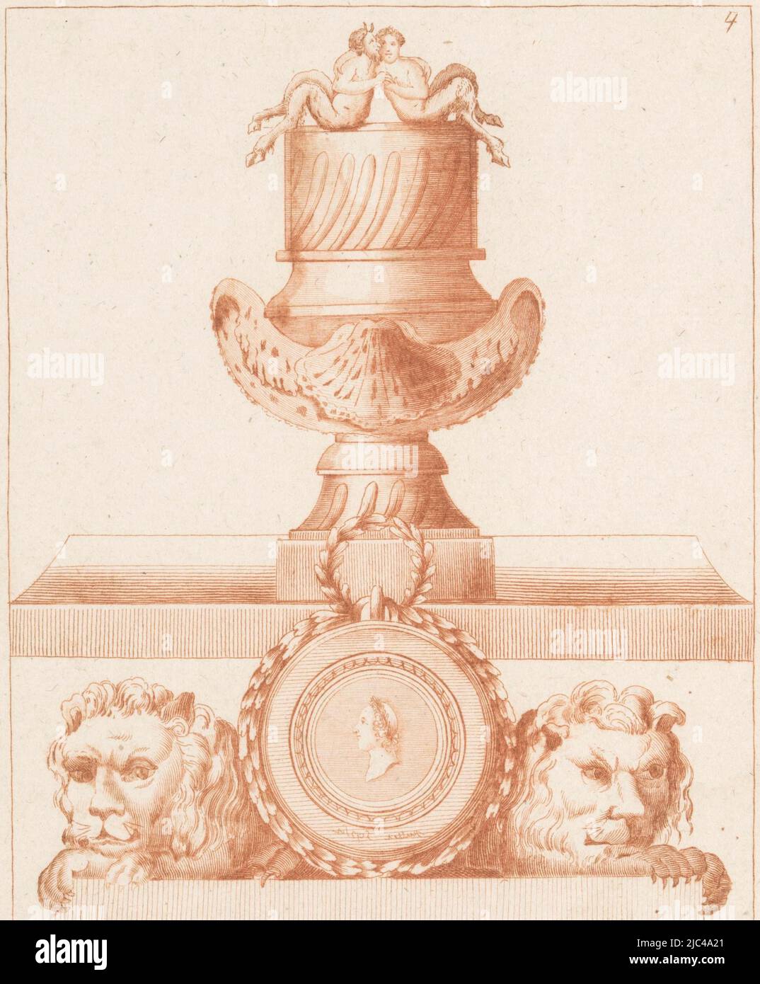 Un vase avec deux satyres assis et un motif coquille. Ci-dessous un médaillon flanqué de deux lions, vase avec satyres 1er Cayer de differens Vazes des plus nouveaux (titre de la série), imprimeur: Jacques Juillet, (mentionné sur l'objet), éditeur: Jean-Baptiste Crépy, Paris, 1768, papier, gravure, h 169 mm × l 135 mm Banque D'Images