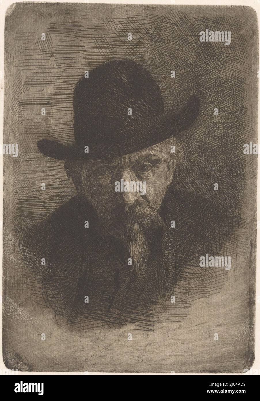 Portrait d'un homme avec la barbe et le chapeau, peut-être l'artiste Hendrik Valkenburg, Portrait d'un homme inconnu, imprimeur: Ferdinand Hart Nibbrig, 1876 - 1888, papier, gravure, h 218 mm × l 151 mm Banque D'Images