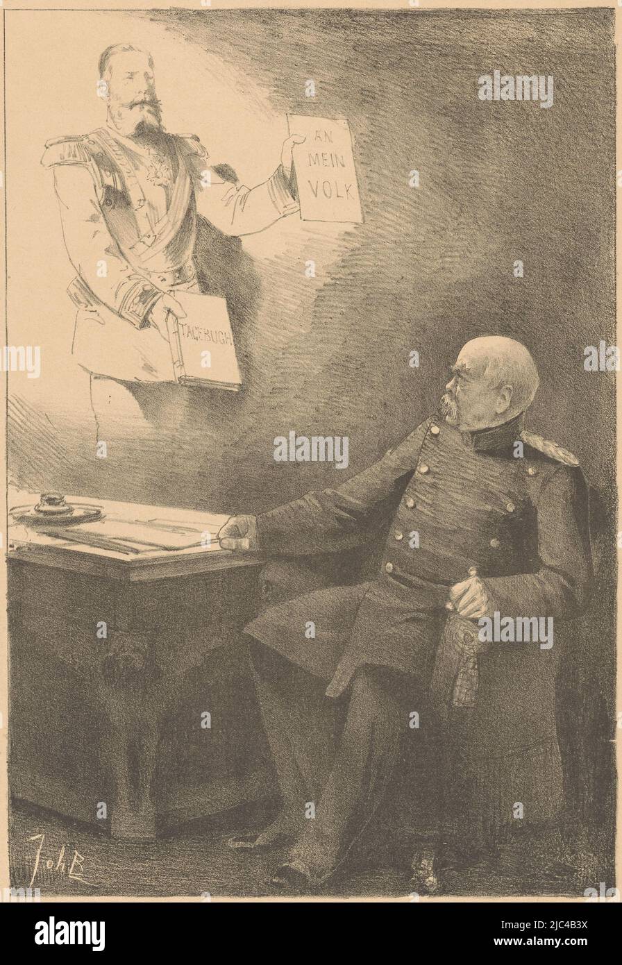 Otto von Bismarck a une vision de Frédéric III de Prusse. Frederick III tient son journal dans sa main droite. Avec sa main gauche, il tient la proclamation 'an mein Volk', écrite par son grand-père Frederick William III de Prusse., la Vision du chancelier Reich (titre original sur objet), imprimeur: Johan Braakensiek, (mentionné sur objet), imprimeur: Harts & Co. Ellerman, (mentionné sur objet), Amsterdam, 7-Oct-1888, papier, h 439 mm × l 294 mm Banque D'Images Otto von Bismarck a une vision de Frédéric III de Prusse. Frederick III tient son journal dans sa main droite. Avec sa main gauche, il tient la proclamation 'an mein Volk', écrite par son grand-père Frederick William III de Prusse., la Vision du chancelier Reich (titre original sur objet), imprimeur: Johan Braakensiek, (mentionné sur objet), imprimeur: Harts & Co. Ellerman, (mentionné sur objet), Amsterdam, 7-Oct-1888, papier, h 439 mm × l 294 mm Banque D'Images