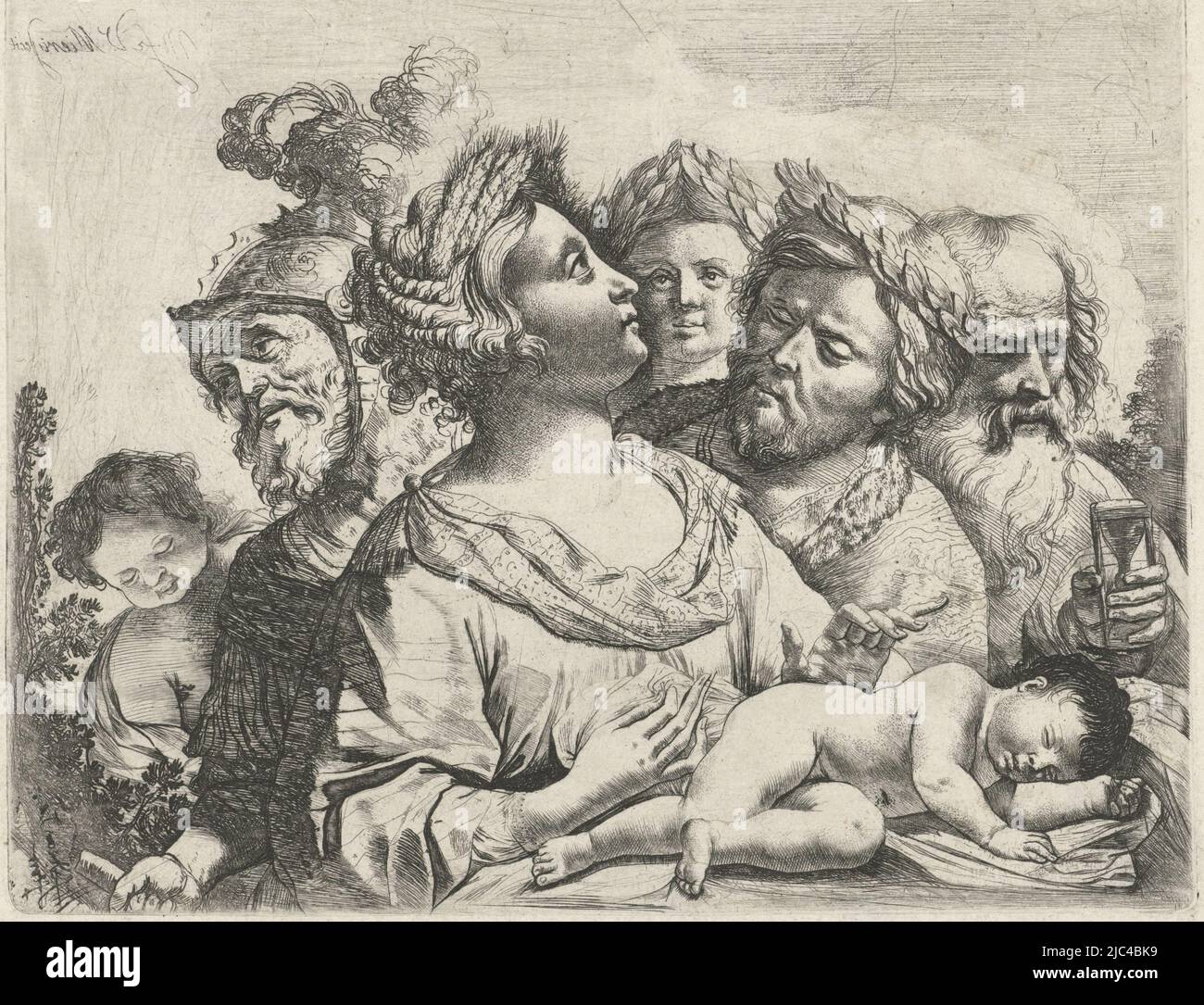 Ceres, avec des oreilles de maïs dans ses cheveux, se tient par un bébé endormi et regarde vers le haut. Derrière elle se trouvent un homme et un garçon avec des couronnes de Laurier sur leur tête. Sur la gauche Mars avec un casque sur sa tête. Saturne droit tenant un sablier, Cérès, Mars et Saturne (les quatre âges)., imprimerie: Frans van Mieris (II), (attribution rejetée), Leiden, 1699 - 1763, papier, gravure, gravure, h 146 mm × l 186 mm Banque D'Images