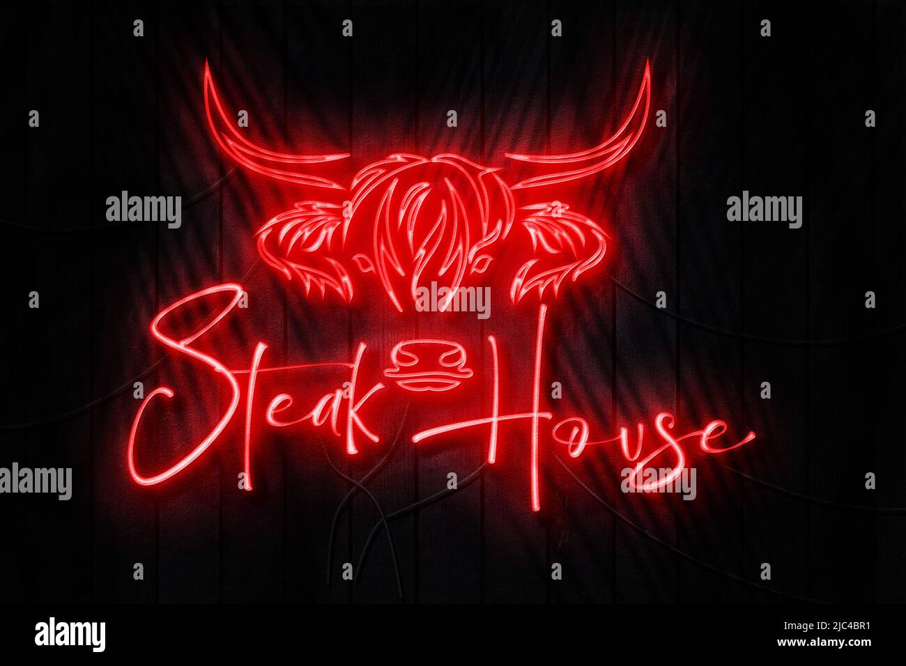 Panneau Neon Steak House sur un mur en bois sombre Banque D'Images