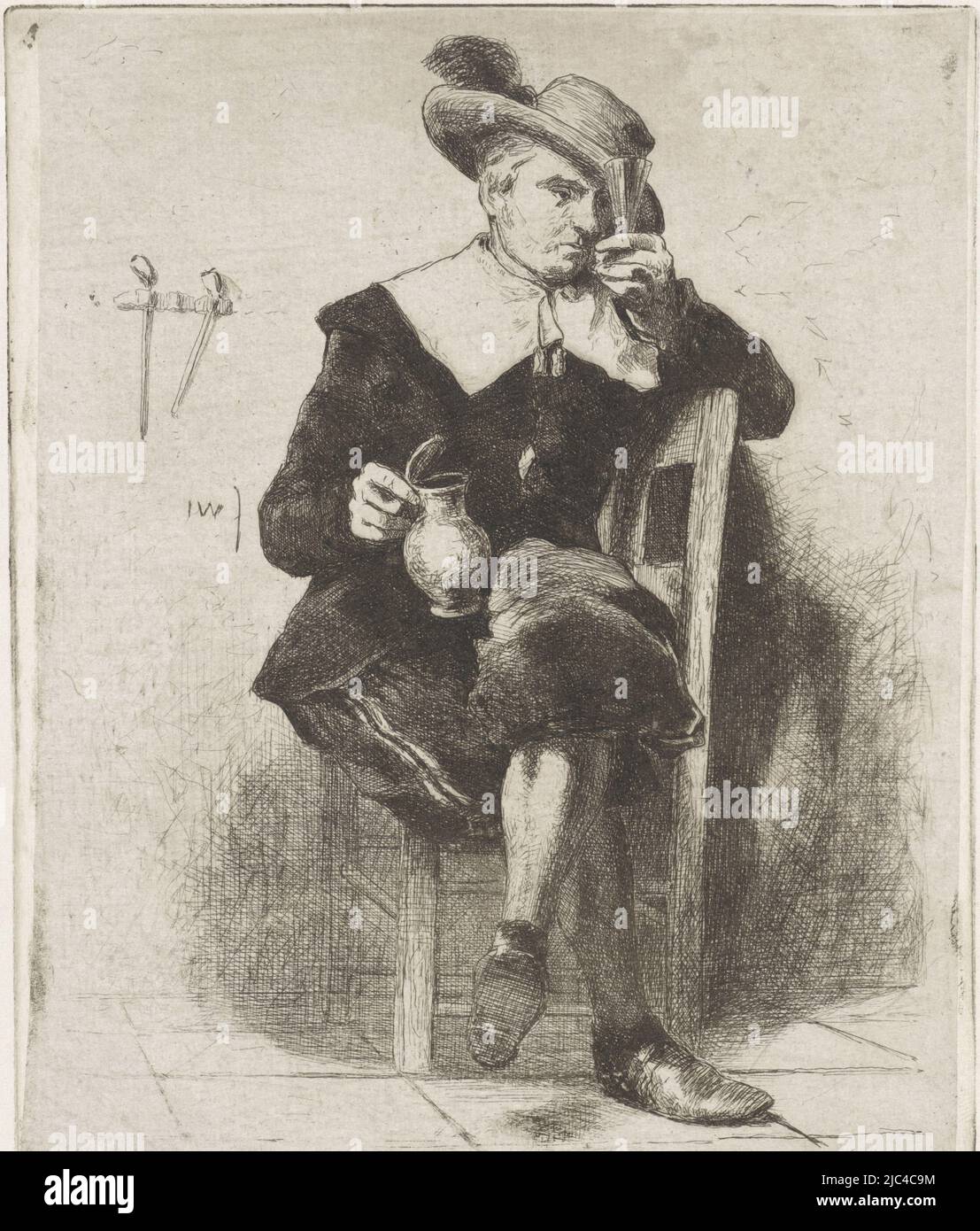 Sur une chaise se trouve un homme dans la robe du XVIIe siècle. Il porte un chapeau avec une plume sur sa tête. Dans ses mains, il tient un pichet et un verre. Sur le mur derrière lui, accrocher quelques pipes, homme avec pichet et verre sur une chaise, imprimeur: Jan Weissenbruch, (mentionné sur l'objet), la Haye, (éventuellement), 1837 - 1880, papier, gravure, h 148 mm × l 122 mm Banque D'Images