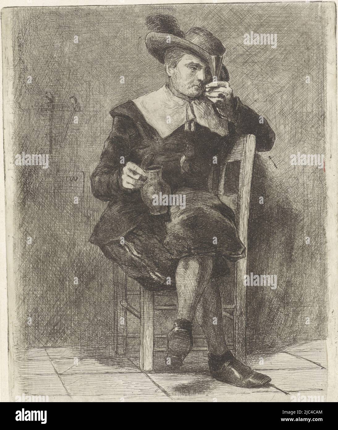 Sur une chaise se trouve un homme dans la robe du XVIIe siècle. Il porte un chapeau avec une plume sur sa tête. Dans ses mains, il tient une verseuse et un verre. Sur le mur derrière lui se trouvent quelques pipes., homme avec pichet et verre sur une chaise, imprimeur: Jan Weissenbruch, (mentionné sur l'objet), la Haye, (éventuellement), 1837 - 1880, papier, gravure, h 147 mm × l 121 mm Banque D'Images