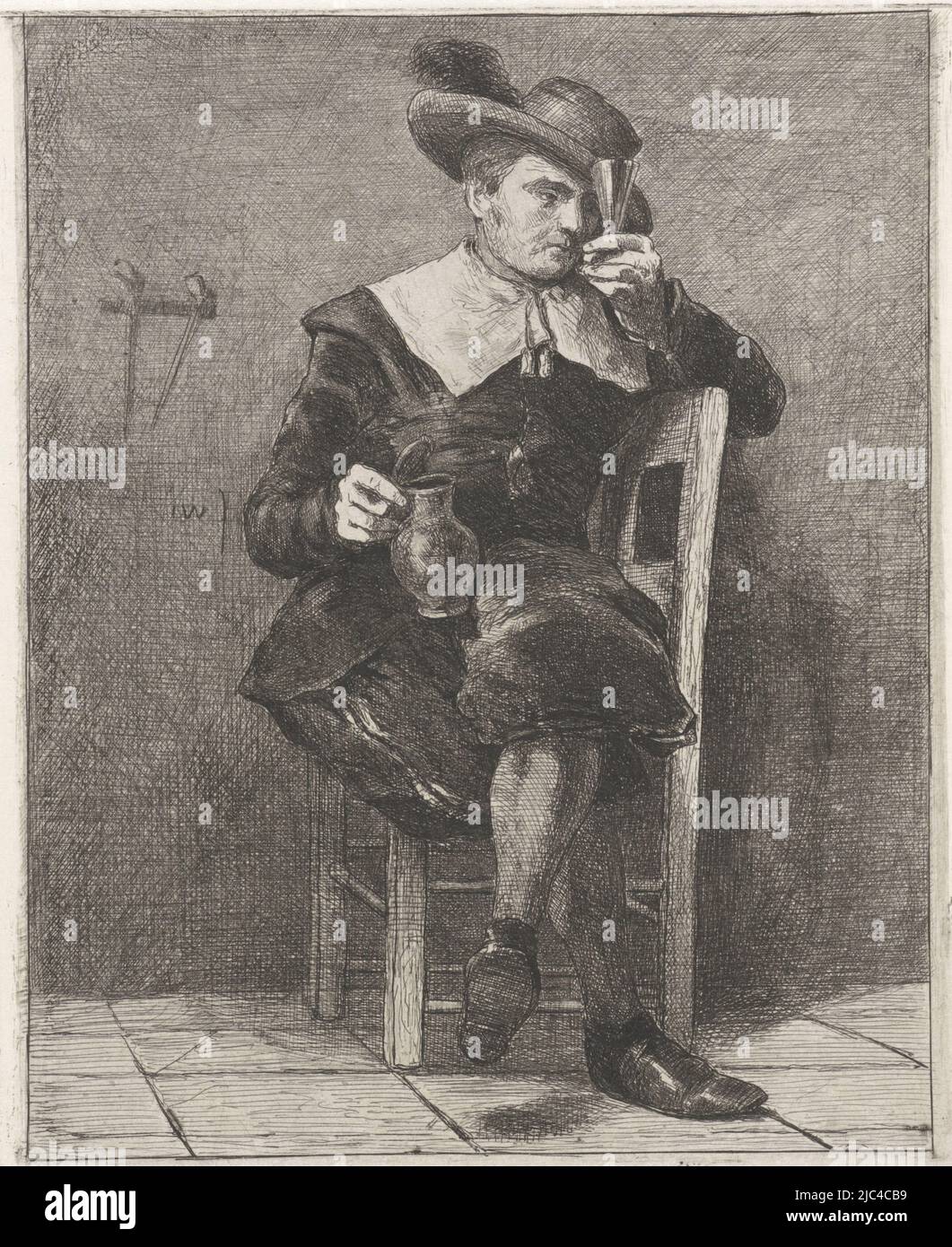 Sur une chaise se trouve un homme dans la robe du XVIIe siècle. Il porte un chapeau avec une plume sur sa tête. Dans ses mains, il tient une verseuse et un verre. Sur le mur derrière lui se trouvent quelques pipes., homme avec pichet et verre sur une chaise, imprimeur: Jan Weissenbruch, (mentionné sur l'objet), la Haye, (éventuellement), 1837 - 1880, papier, gravure, h 147 mm × l 123 mm Banque D'Images