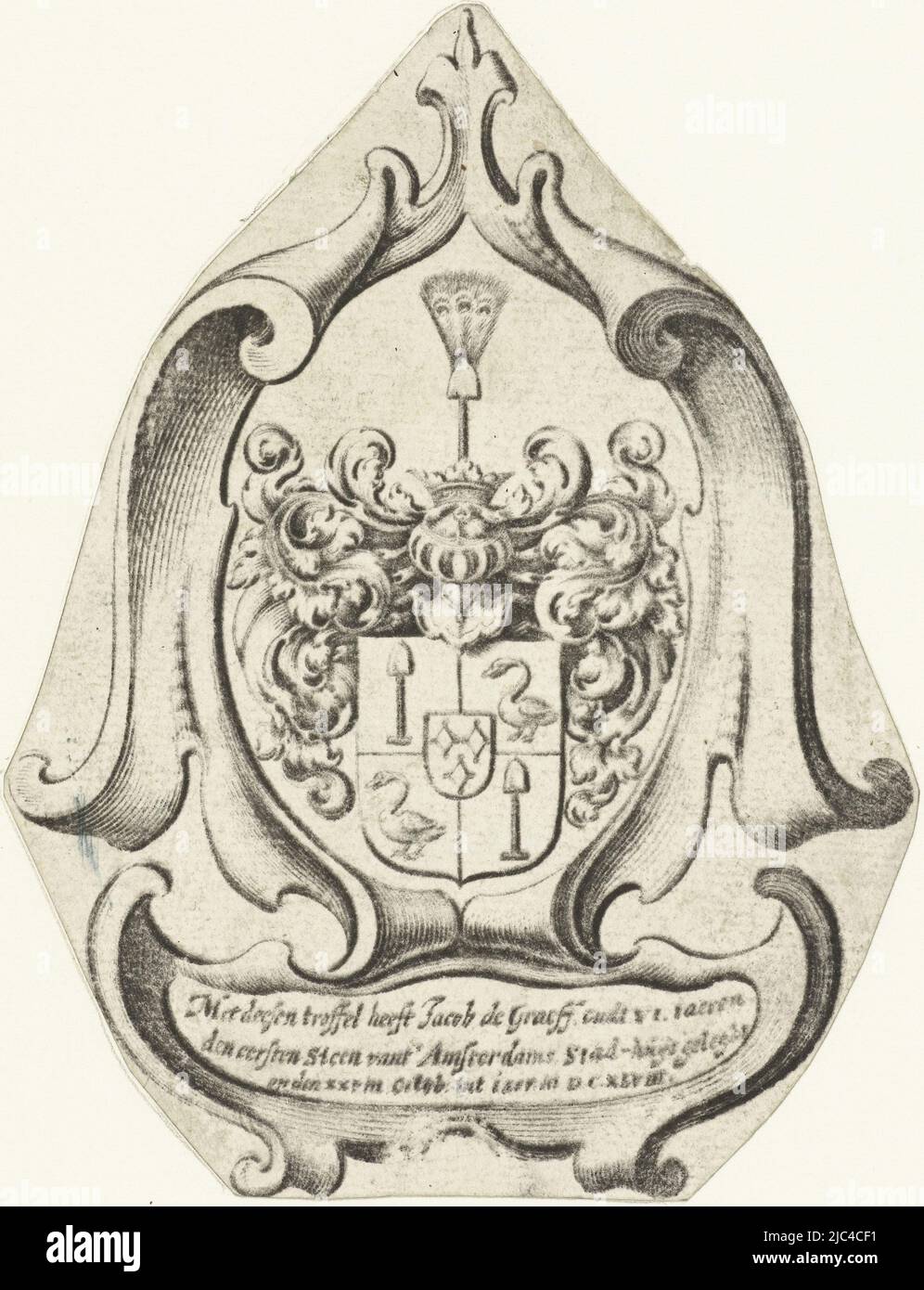 Contre-empreinte d'une image gravée au dos d'une truelle d'argent avec laquelle la première pierre de l'hôtel de ville d'Amsterdam a été posée le 28 octobre 1648, par Jacob, fils du maire Cornelis de Graeff.., Labyrinthe aux armoiries de la famille de Graeff avec cette truelle, Jacob de Graeff, âgé de VI ans, a posé la première pierre de l'hôtel de ville d'Amsterdam sur 28 octobre 1648. , Johannes Lutma (1584-1669), imprimeur: Anonyme, Amsterdam, imprimeur: Pays-Bas, (éventuellement), 1648, papier, gravure, h 115 mm × l 87 mm Banque D'Images
