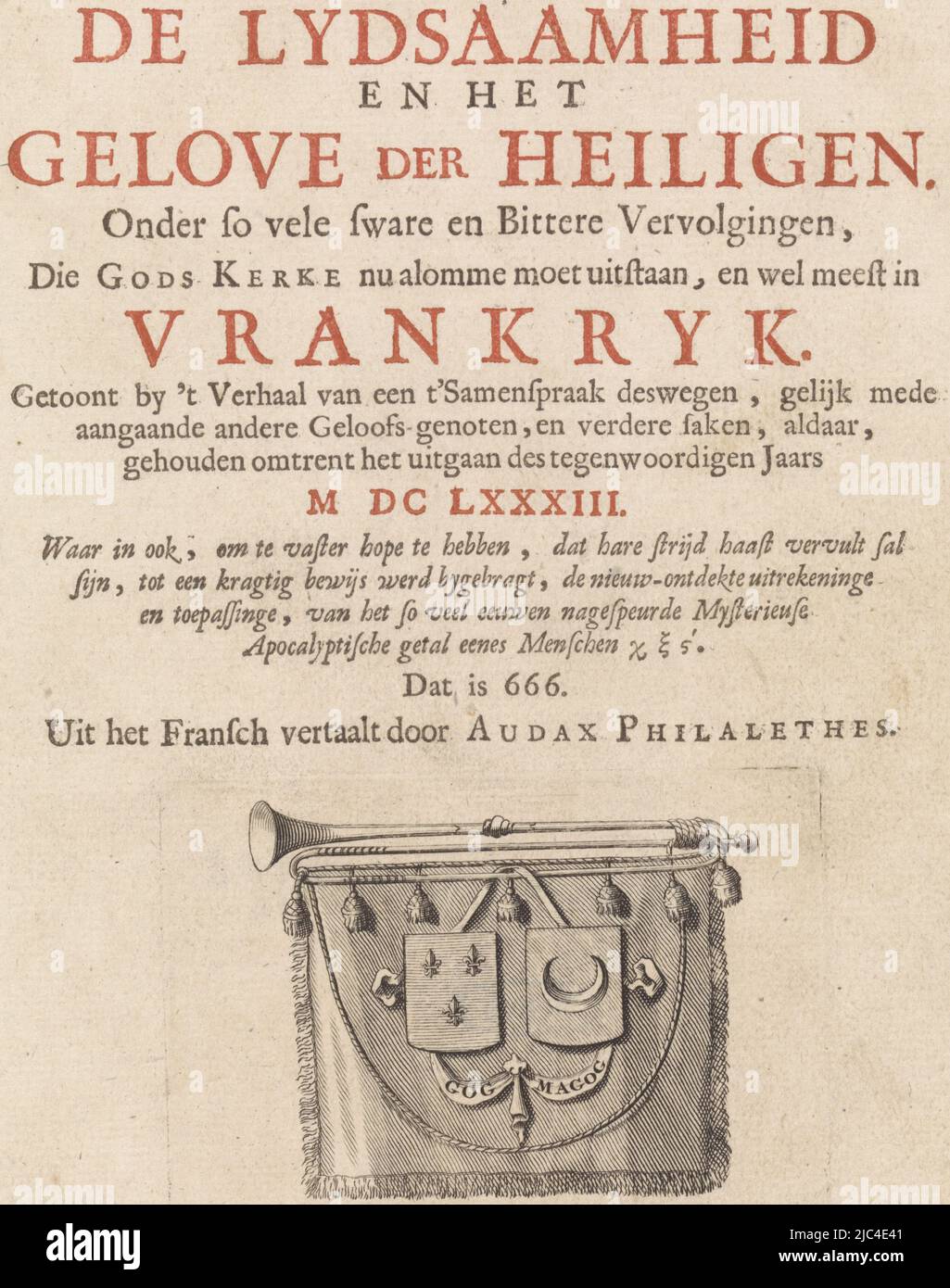 Page de titre représentant une trompette avec bannière et glands, page de titre pour: De lydsaamheid en het gelove der heiligen, 1689, imprimante: Aert Pietersz., (éventuellement), à partir de 1688 - avant 1689, papier, impression typographique, h 229 mm × l 133 mm Banque D'Images