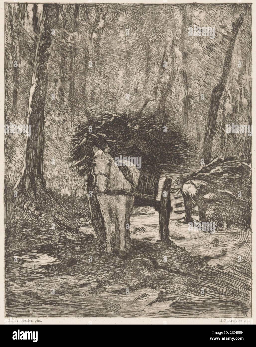 Sur un chemin forestier se dresse un cheval et un wagon chargé de bois brillant. A droite, un homme pendu, prend des branches du sol., dans les bois (titre original sur objet), imprimeuse: Heinrich M. Krabbé, (mentionné sur objet), après: François Pieter ter Meulen, (mentionné sur objet), imprimeur: J. Bouwens, Bruxelles, 1878 - 1889, papier, gravure, h 217 mm × l 147 mm Banque D'Images Sur un chemin forestier se dresse un cheval et un wagon chargé de bois brillant. A droite, un homme pendu, prend des branches du sol., dans les bois (titre original sur objet), imprimeuse: Heinrich M. Krabbé, (mentionné sur objet), après: François Pieter ter Meulen, (mentionné sur objet), imprimeur: J. Bouwens, Bruxelles, 1878 - 1889, papier, gravure, h 217 mm × l 147 mm Banque D'Images