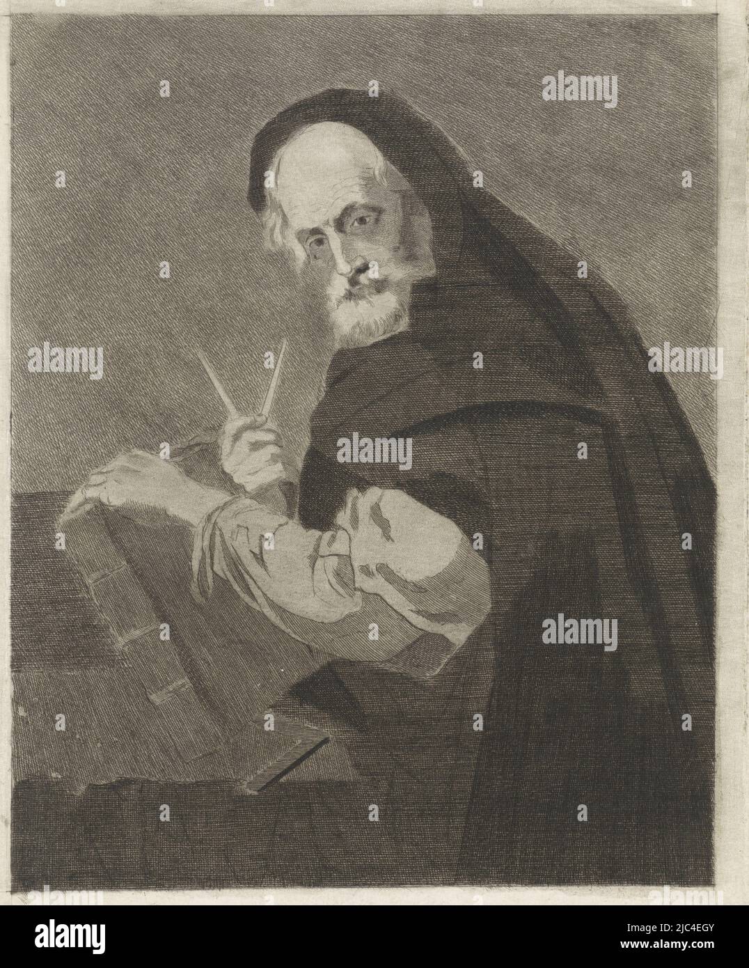 Un vieil homme dans un tuyau se tient près d'une table. Dans sa main gauche, il tient un livre et dans sa main droite une boussole. Par le livre est un carré., Portrait d'un mathématicien, imprimeur: Anonyme, Jusepe de Ribera, Low pays, 1603 - 1706, papier, gravure, h 270 mm, 270 Banque D'Images