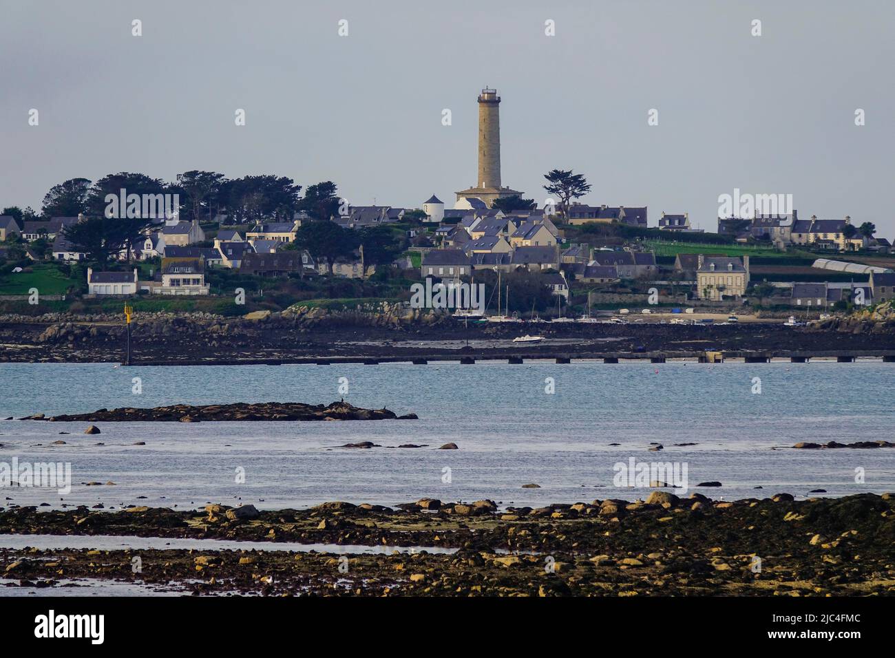 Vue à marée basse de Roscoff à l'île Ile de Batz avec phare, département Finistère Penn ar Bed, région Bretagne Breizh, France Banque D'Images