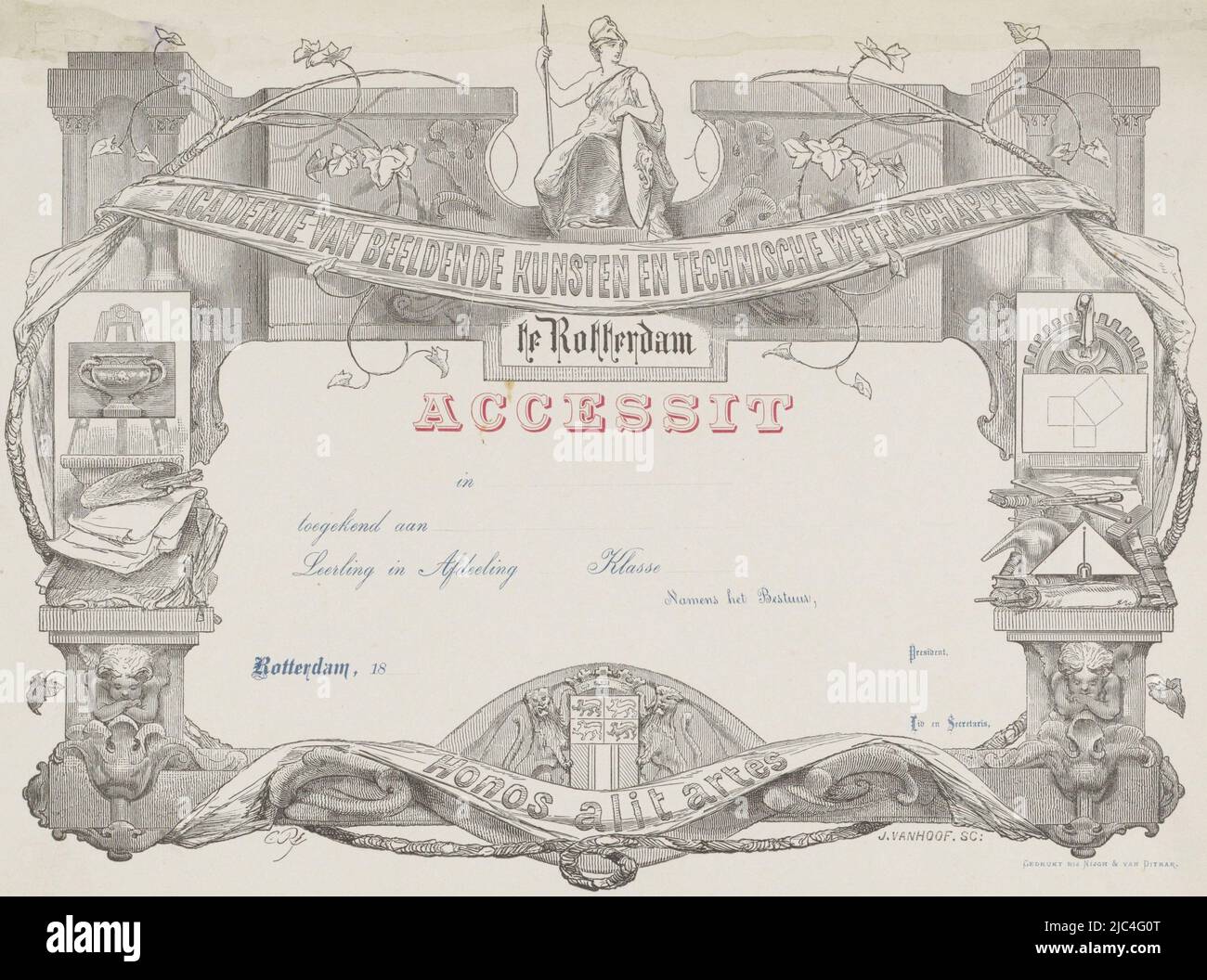 À gauche un certain nombre d'objets des arts visuels, y compris une peinture sur un chevalet. À droite, un certain nombre d'objets des sciences techniques, dont un carré et une boussole. Au centre supérieur se trouve Minerva avec ses attributs, Accessitoire de l'Académie des Arts visuels et des Sciences techniques de Rotterdam, imprimeur: Josephus Franciscus van Hoof, (mentionné sur l'objet), dessinateur intermédiaire: Charles Rochussen, (mentionné sur l'objet), imprimeur: Nijgh & Van Ditmar, (mentionné sur l'objet), pays-Bas, 1850 - 1914, papier, impression typographique, h 232 mm × l 311 mm Banque D'Images