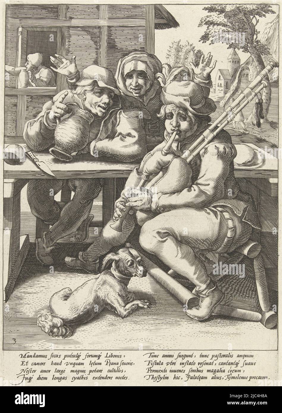 Une pipette et un drunkard sont assis à une table ensemble. Derrière la table se trouve une femme avec ses mains levées. Le bagpiper est assis sur une chaise tombée, à côté de lui est un petit chien. Au-dessous de la scène un verset latin explicatif de Franco Estius et un verset hollandais, le cornemuse ne donne aucun son, que quand il est plein le buveur et le cornemuse Proverbes après Karel van Mander (titre de la série), fabricant d'impression: Hendrick Goltzius, (attribué à l'atelier de), Karel van Mander (I), Franco Estius, Haarlem, 1590 - 1594, papier, gravure, impression typographique, h 245 mm × l 173 mm Banque D'Images