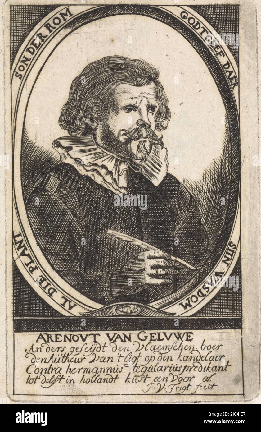 Portrait du poète catholique romain Aernout van Geluwe. Son pseudonyme était Vlaemschen Boer., Portrait d'Aernout van Geluwe, imprimeur: J. van Trigt, (mentionné sur l'objet), pays-Bas, 1640 - 1660, papier, gravure, h 121 mm × l 76 mm Banque D'Images