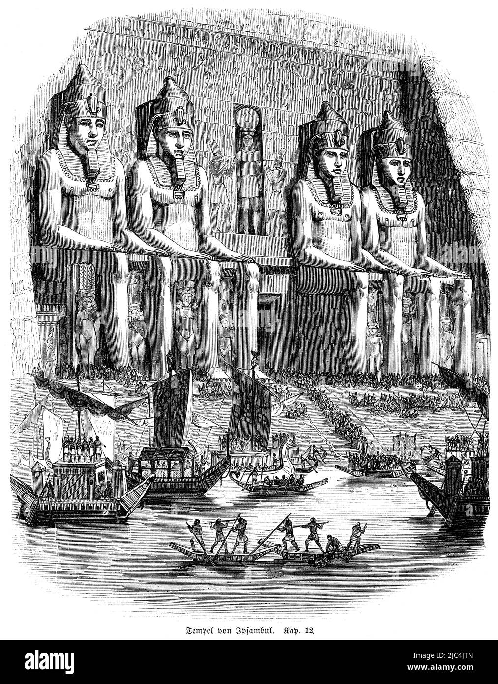 Temple d'Ipsambul ou Abu Simbel, Pharaon, bateaux, aviron, escaliers, entrée, dieux, Nil, Égypte, Moïse, Bible, ancien Testament, Premier Livre de Moïse Banque D'Images