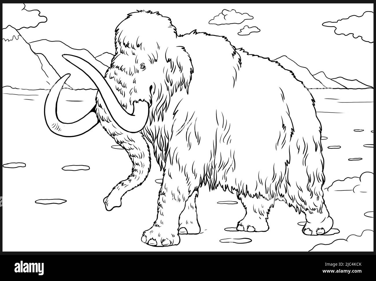 Animaux préhistoriques. Illustration avec éléphant éteint - mammouth. Dessin pour livre de coloriage. Banque D'Images