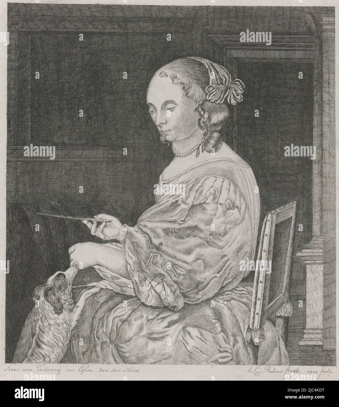 Une jeune femme s'assoit sur une chaise et laisse sa main être portée par un petit chien qui saute contre son genou gauche. Dans sa main droite, elle tient un bâton., jeune femme avec un chien, imprimeur: Eberhard Cornelis Rahms, (mentionné sur l'objet), dessinateur intermédiaire: Eglon van der Neer, (mentionné sur l'objet), Oudewater, 1861, papier, gravure, h 281 mm × l 255 mm Banque D'Images Une jeune femme s'assoit sur une chaise et laisse sa main être portée par un petit chien qui saute contre son genou gauche. Dans sa main droite, elle tient un bâton., jeune femme avec un chien, imprimeur: Eberhard Cornelis Rahms, (mentionné sur l'objet), dessinateur intermédiaire: Eglon van der Neer, (mentionné sur l'objet), Oudewater, 1861, papier, gravure, h 281 mm × l 255 mm Banque D'Images
