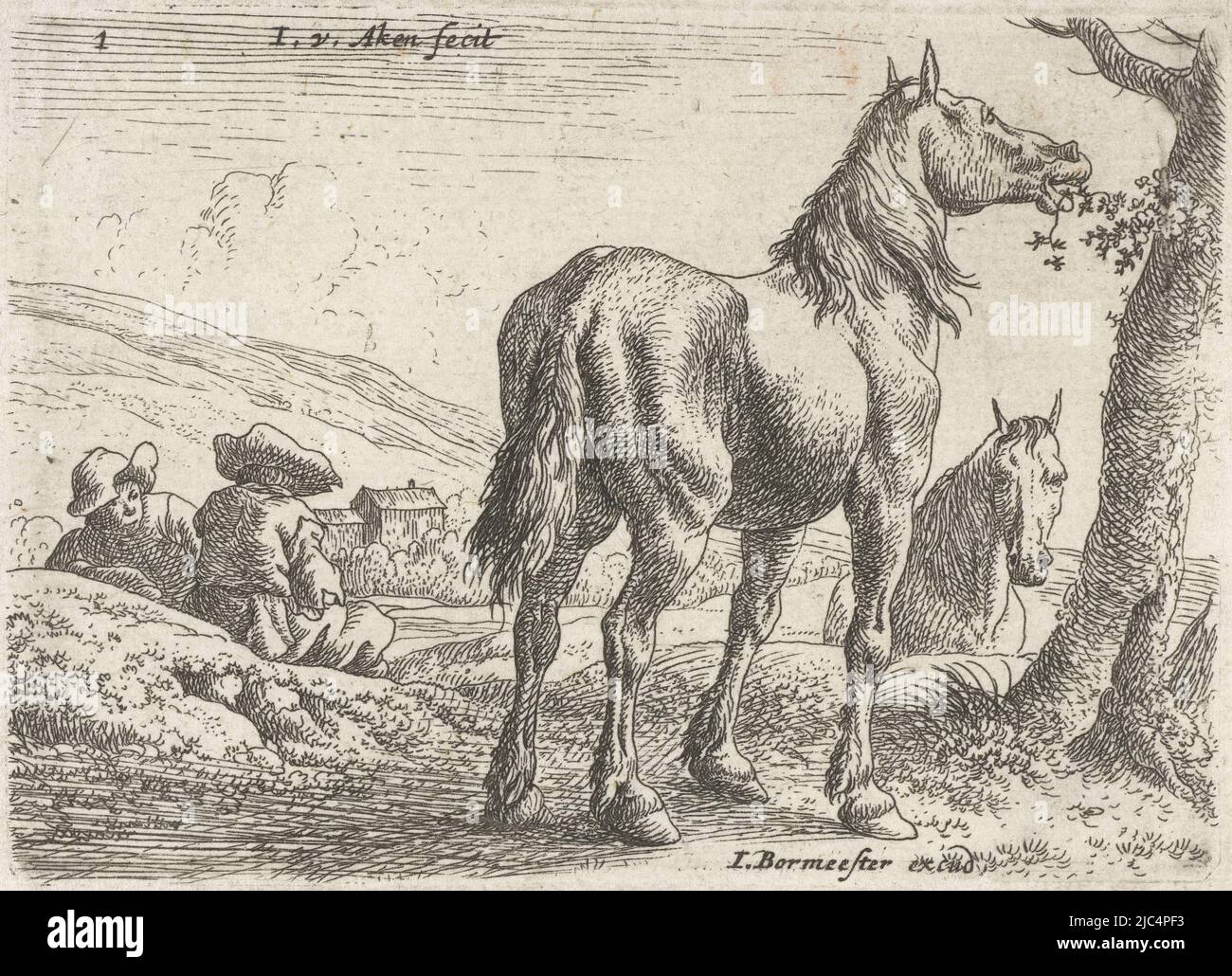 Paysage avec des chevaux mangeant des feuilles d'un arbre. Sur la gauche, deux hommes sont assis sur le sol, derrière la droite la tête d'un deuxième cheval peut être vu, Eating Horse Landscapes avec des chevaux (titre de la série), imprimeur: Jan van Aken, (mentionné sur l'objet), éditeur: Jochem Bormeester, (mentionné sur l'objet), Amsterdam, 1624 - 1661 et/ou 1677 - 1690, papier, gravure, h 72 mm × h 99 mm Banque D'Images