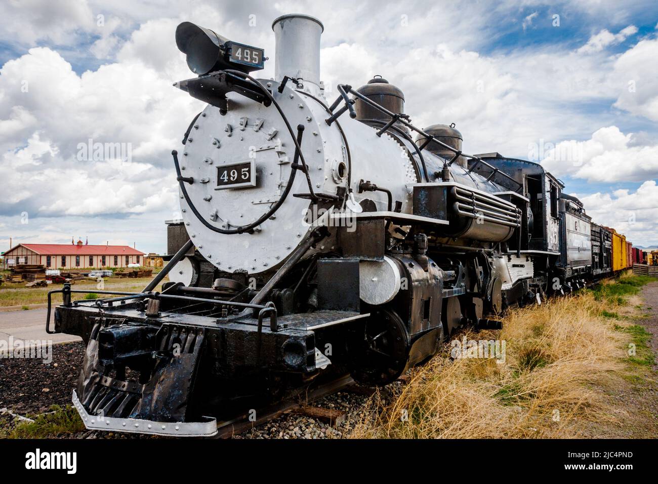 Steam Engine train 495 à Antonito, Colorado. Chemin de fer panoramique Cumbres & Toltec. Banque D'Images