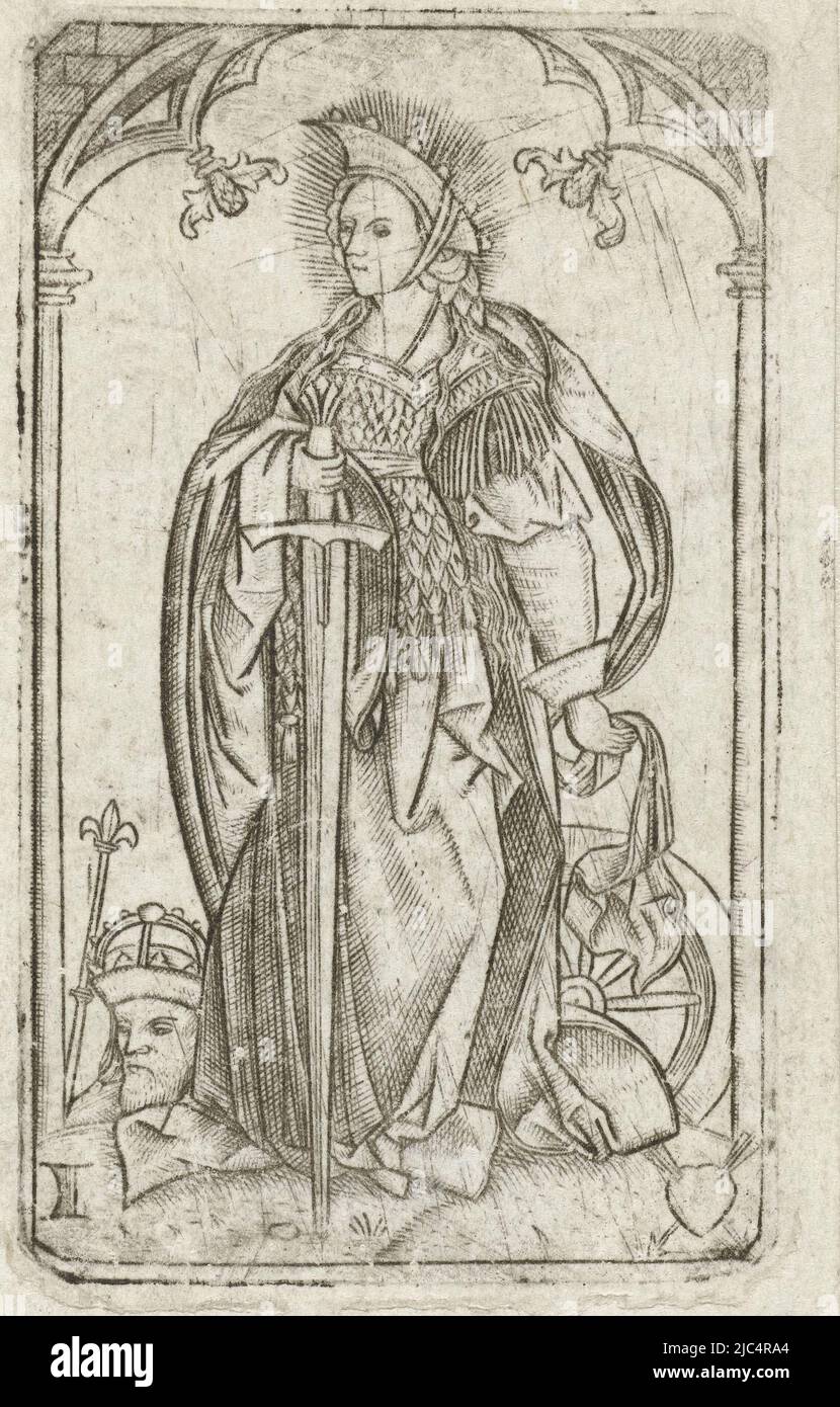 Sainte Catherine d'Alexandrie, debout, repose sa main droite sur une épée tout en tenant son voile avec l'autre main. Sur la droite, une roue repose sur le sol. En bas à gauche, on voit le buste du tyran Maximinus. Dans le coin inférieur droit d'un coeur percé de deux flèches, Sainte Catherine, imprimerie: Meester met het doorstoken hart, (mentionné sur l'objet), 1500 - 1525, papier, gravure, h 66 mm × l 40 mm Banque D'Images Sainte Catherine d'Alexandrie, debout, repose sa main droite sur une épée tout en tenant son voile avec l'autre main. Sur la droite, une roue repose sur le sol. En bas à gauche, on voit le buste du tyran Maximinus. Dans le coin inférieur droit d'un coeur percé de deux flèches, Sainte Catherine, imprimerie: Meester met het doorstoken hart, (mentionné sur l'objet), 1500 - 1525, papier, gravure, h 66 mm × l 40 mm Banque D'Images