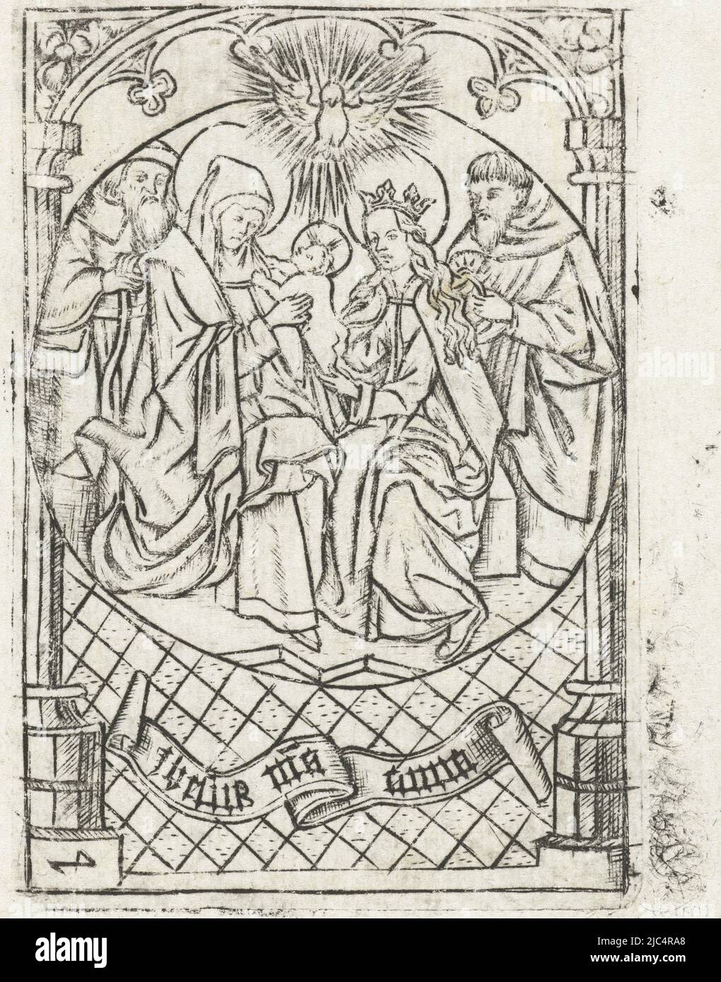 Marie donne l'enfant Christ à Anna. Derrière Marie se trouve Joseph (à  droite), derrière Anna est Joachim (à gauche). Au-dessus de l'enfant le  Saint-Esprit sous la forme d'une colombe. Au fond de