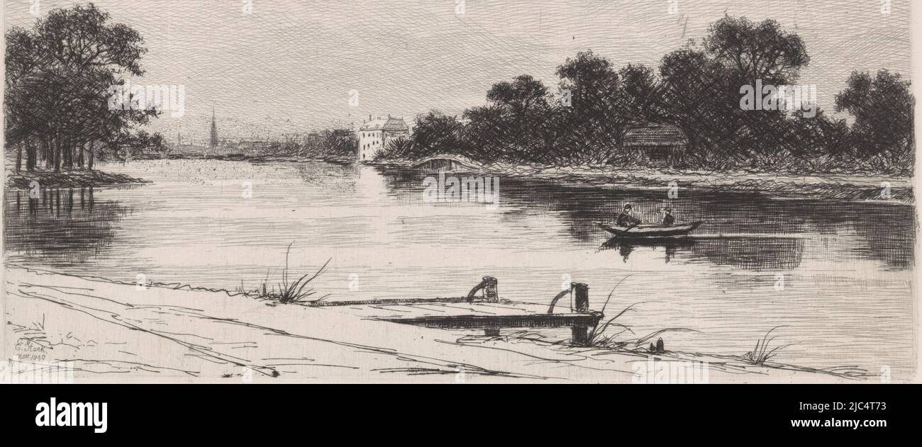 Sur une rivière, un bateau à rames navigue. En arrière-plan sur la droite, sur l'eau, une maison de campagne., vue sur la rivière, imprimeur: Elias Stark, (mentionné sur l'objet), Nieuwer-Amstel, nov-1890, papier, gravure, h 178 mm × l 271 mm Banque D'Images