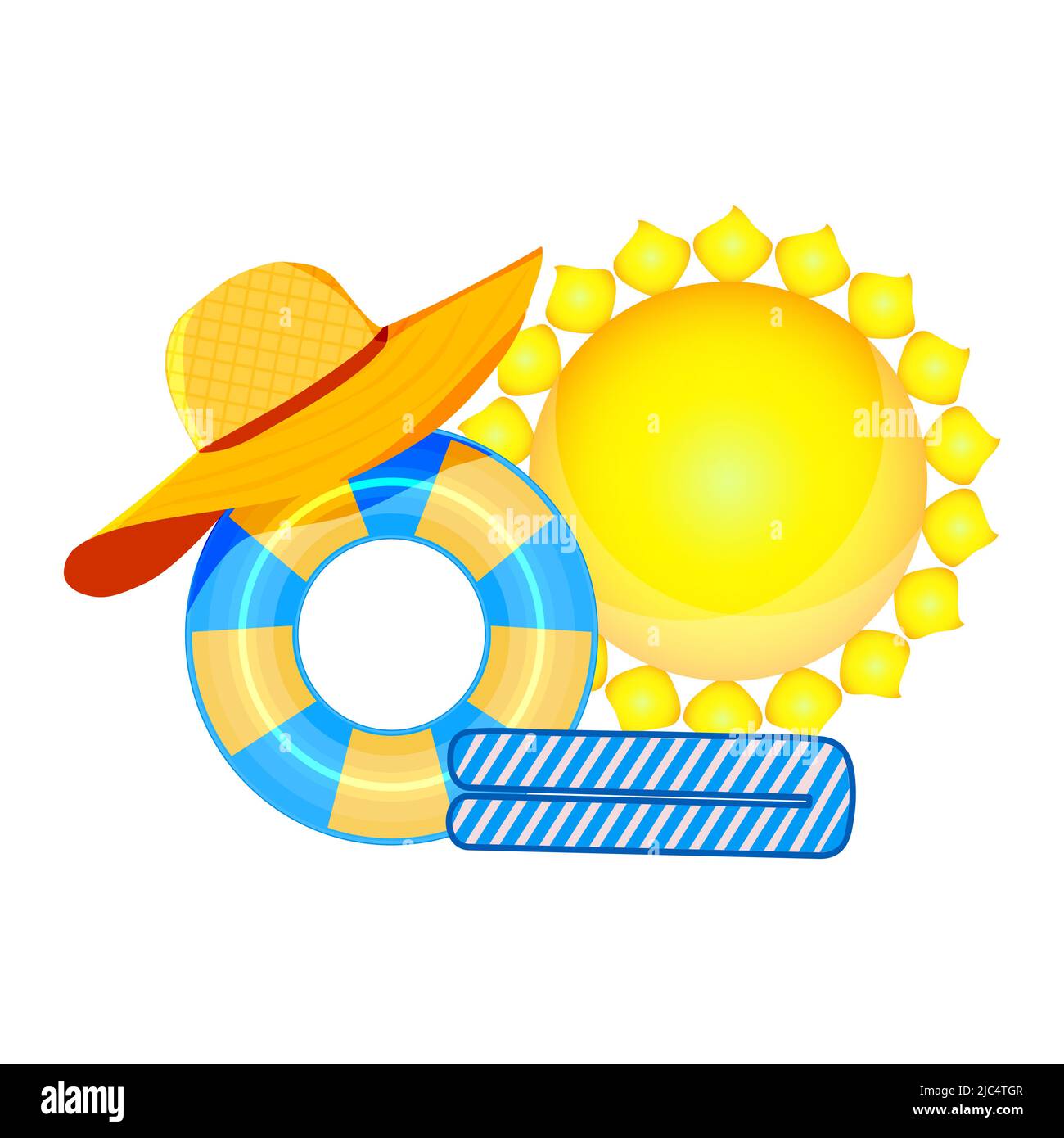 Concept de vacances d'été.ensemble d'articles de vacances.soleil, chapeau, bonnet, serviette et anneau gonflable de natation pour le bord de mer de la station.détente, repos ou conception d'été.Vector Illustration de Vecteur