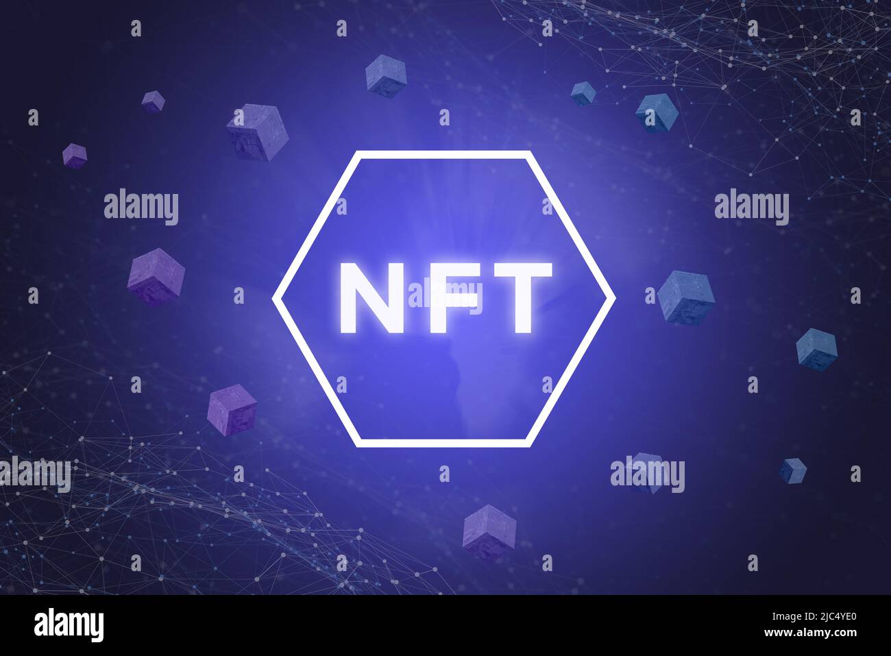 Illustration NFT 3D avec texte en hexagone entouré de blocs blockchain et de nœuds de réseau sur fond bleu Banque D'Images