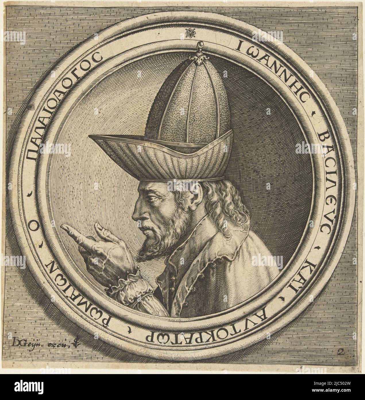 Buste de l'empereur byzantin Jean VIII Paléologos (1391-1448), vu à gauche, portant un headaddress élevé, dans un cadre rond avec le nom en caractères de bord (en alphabet cyrillique). Cet imprimé fait partie d'une série de quatre portraits après les médailles de la Renaissance italienne., Portrait de Jean VIII Palaiologos quatre portraits après les médailles de la Renaissance italienne (titre de la série), imprimeur: Jacob de Gheyn (II), (atelier de), Antonio Pisanello, éditeur: Claes Jansz. Visscher (II), (mentionné sur l'objet), imprimerie: Pays-Bas, éditeur: Amsterdam, 1593 - 1597, papier, gravure, h 112 mm × l 109 mm Banque D'Images