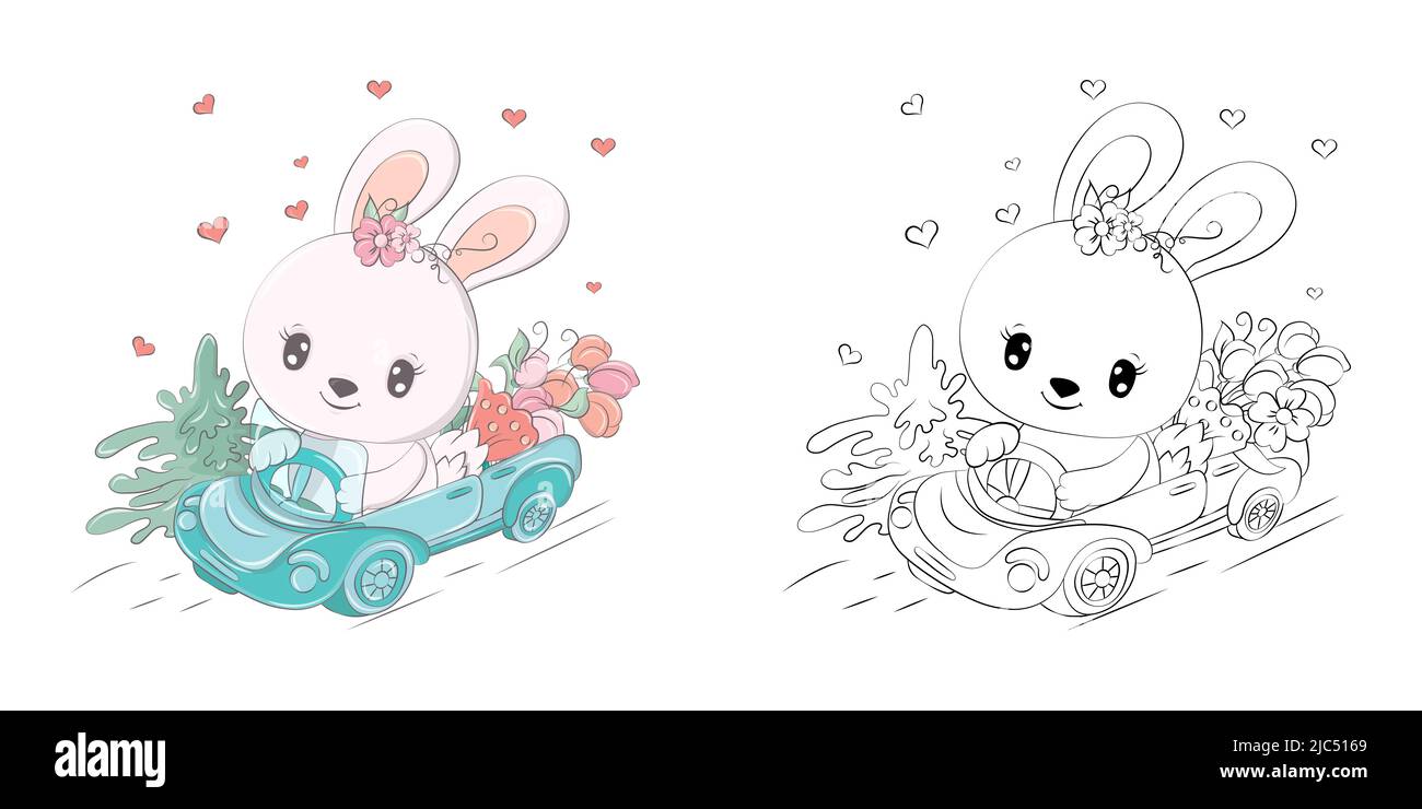 Illustration de la jolie falaise de lapin et noir et blanc. Funny clip Art Bunny conduire une voiture. Illustration vectorielle d'un animal pour colorier des pages, des autocollants Illustration de Vecteur
