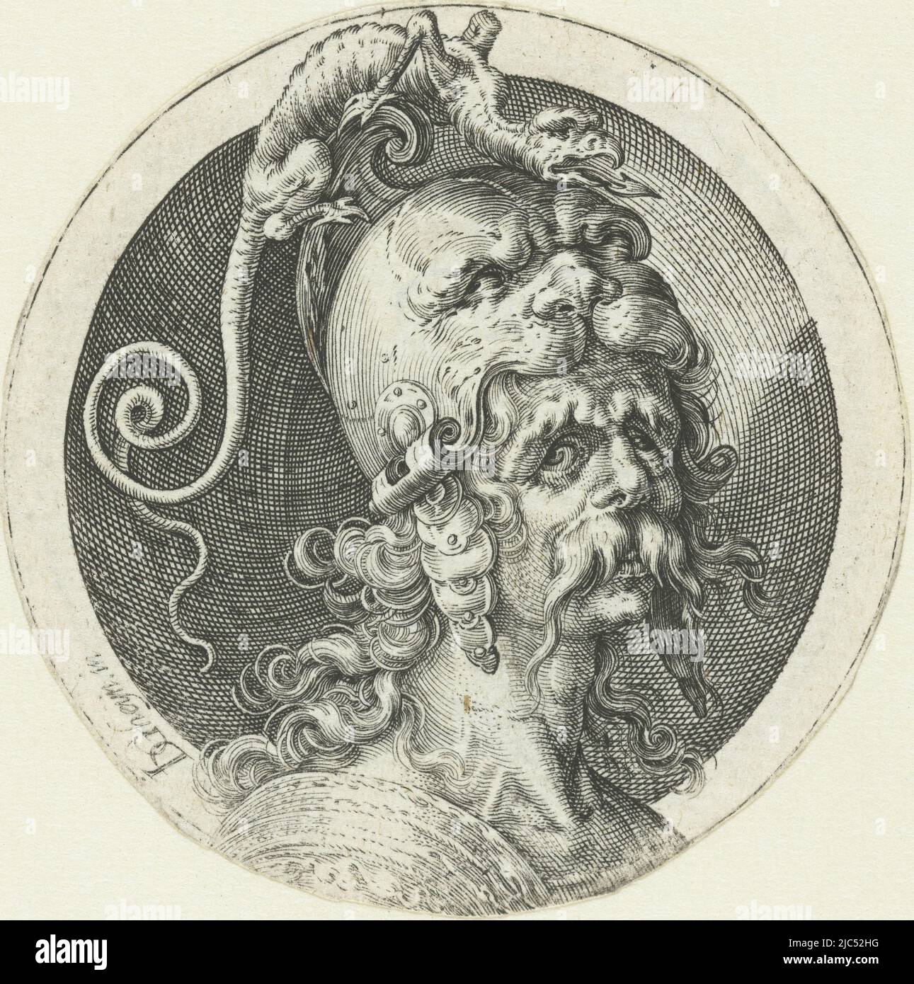 Buste rond du dieu Mars, un casque sur la tête sur lequel est un dragon. Cet imprimé est doté d'un buste de Vénus comme suspension. Les deux sont probablement imprimés du recto et du verso d'une plaque argentée ronde, Mars Mars et Vénus (titre de la série), imprimerie: Jacob de Gheyn (II), (atelier de), imprimerie: Zacharias Dolendo, (éventuellement), Jacob de Gheyn (II), (mentionné sur l'objet), pays-Bas, 1595 - 1599, papier, gravure, d 54 mm Banque D'Images