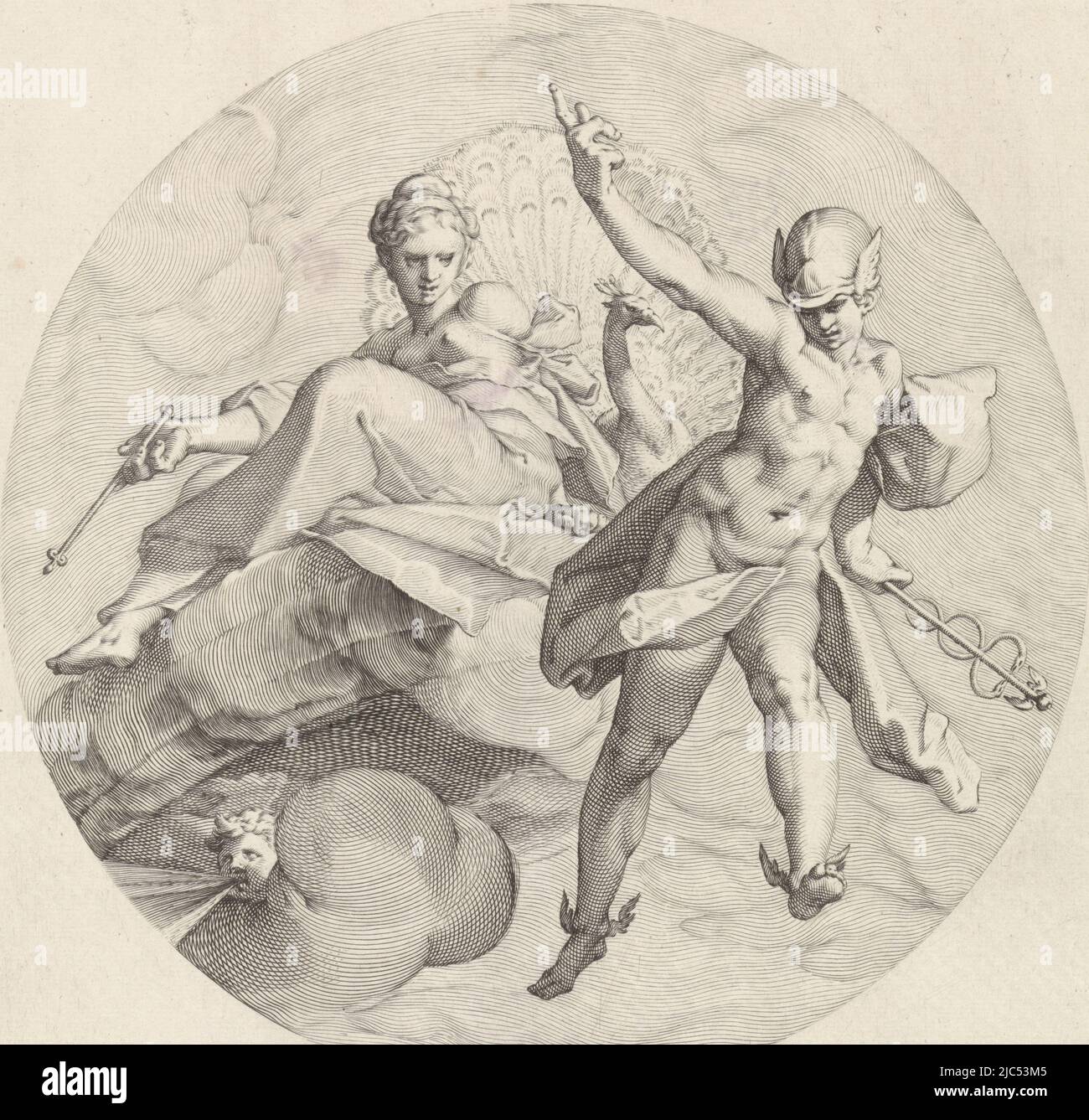 Juno tenant un sceptre, assis sur un nuage. Derrière elle se cache son attribut le paon. Elle regarde Mercure. La scène est encadrée dans un cadre circulaire. Troisième impression d'une série de trois avec déesses, Juno Ivno. Déesses (titre de la série), imprimeur: Egbert van Panderen, Bartholomeus Spranger, éditeur: Frederik de Wit, Anvers, c. 1590 - 1637, papier, gravure, h 259 mm × l 250 mm Banque D'Images