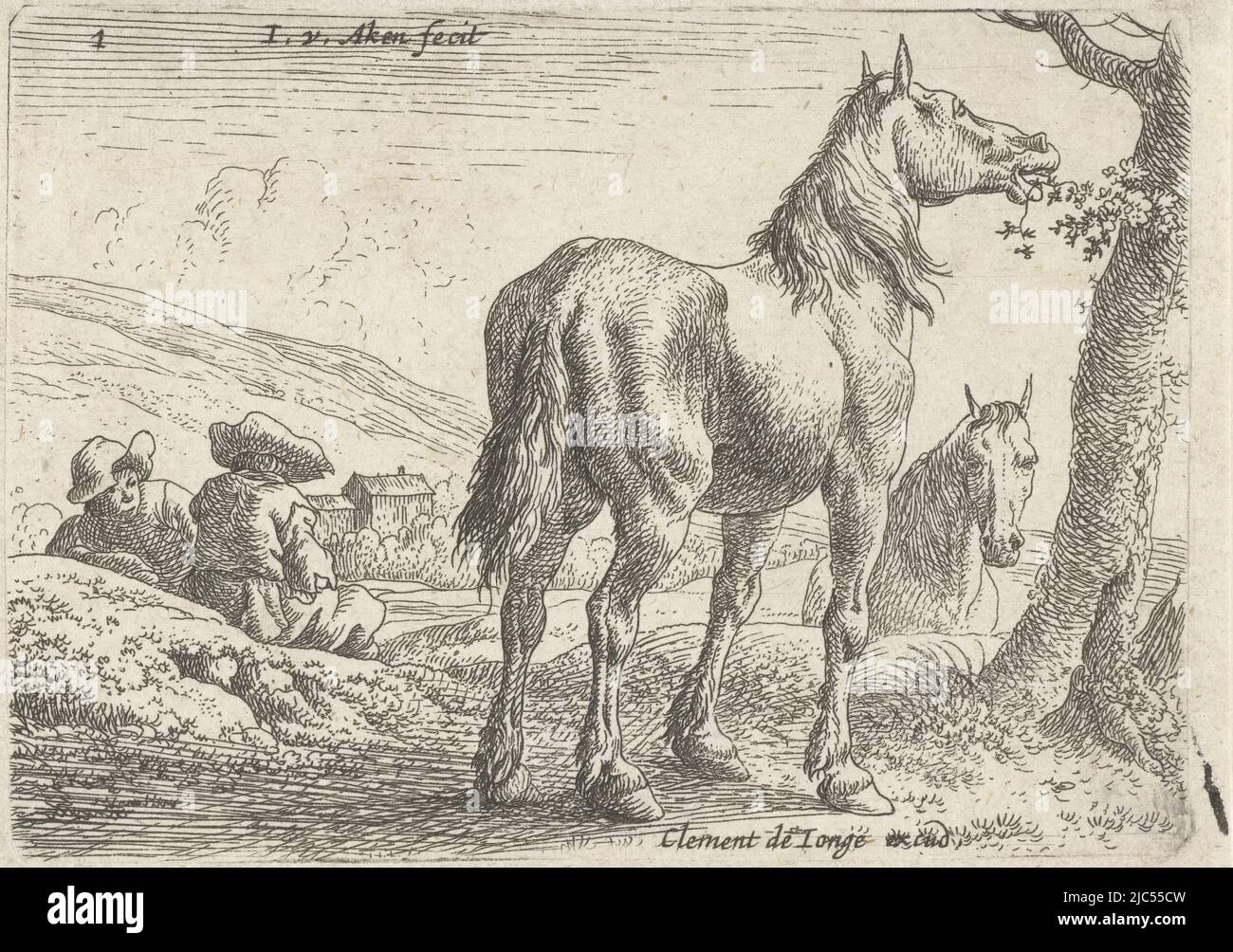 Paysage avec des chevaux mangeant des feuilles d'un arbre. À gauche, deux hommes sont assis sur le sol; derrière la droite, on peut voir la tête d'un deuxième cheval., Eating Horse Landscapes avec des chevaux (titre de la série), imprimeur: Jan van Aken, (mentionné sur l'objet), éditeur: Clément de Jonghe, (mentionné sur l'objet), Amsterdam, 1624 - 1661 et/ou 1640 - 1670, papier, gravure, h 71 mm × l 98 mm Banque D'Images