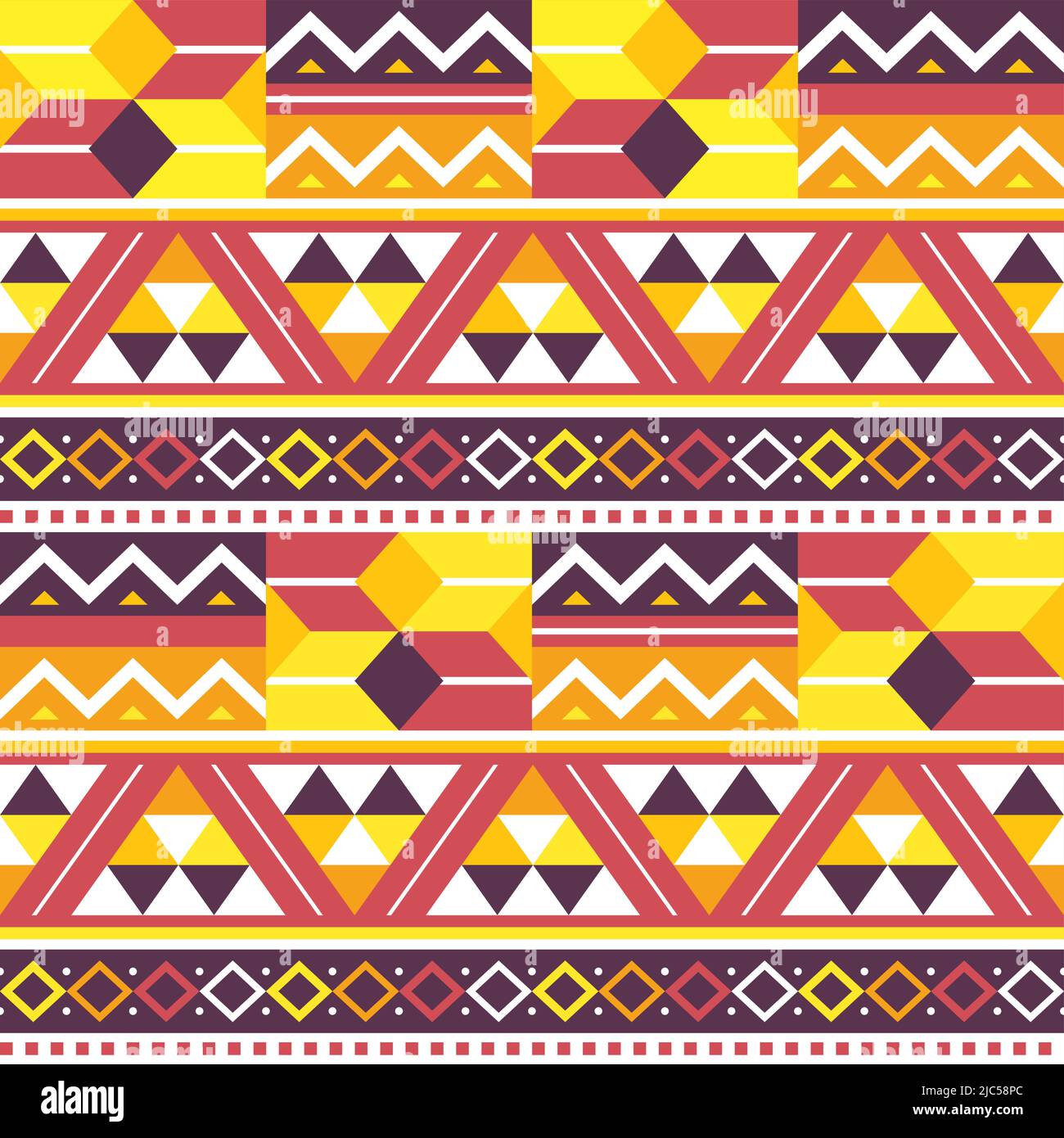 Imprimé tribal africain Kente ou motif vectoriel géométrique sans couture en tissu, motifs inspirés du Ghana en jaune, orange et rouge Illustration de Vecteur