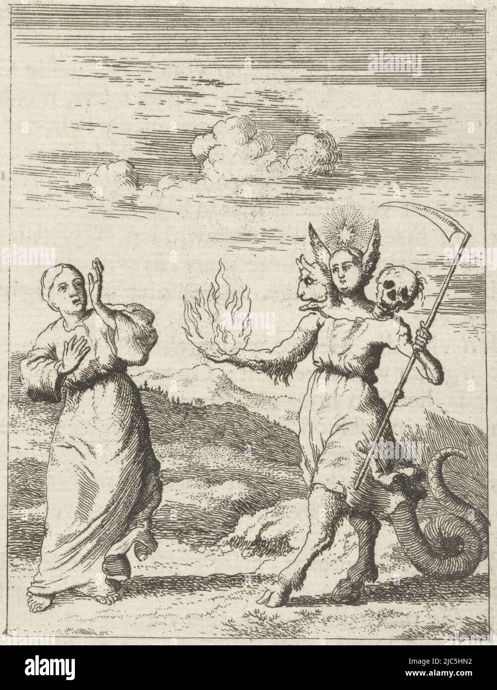 L'âme personnifiée rencontre la personnification du péché tenant un feu de feu en face d'elle avec un scythe, l'âme personnifiée rencontre le péché l'âme rencontre le péché, imprimeur: Jan Luyken, éditeur: Pieter Arentsz (II), Amsterdam, 1678 - 1687, papier, gravure, impression typographique, h 90 mm × l 71 mm Banque D'Images