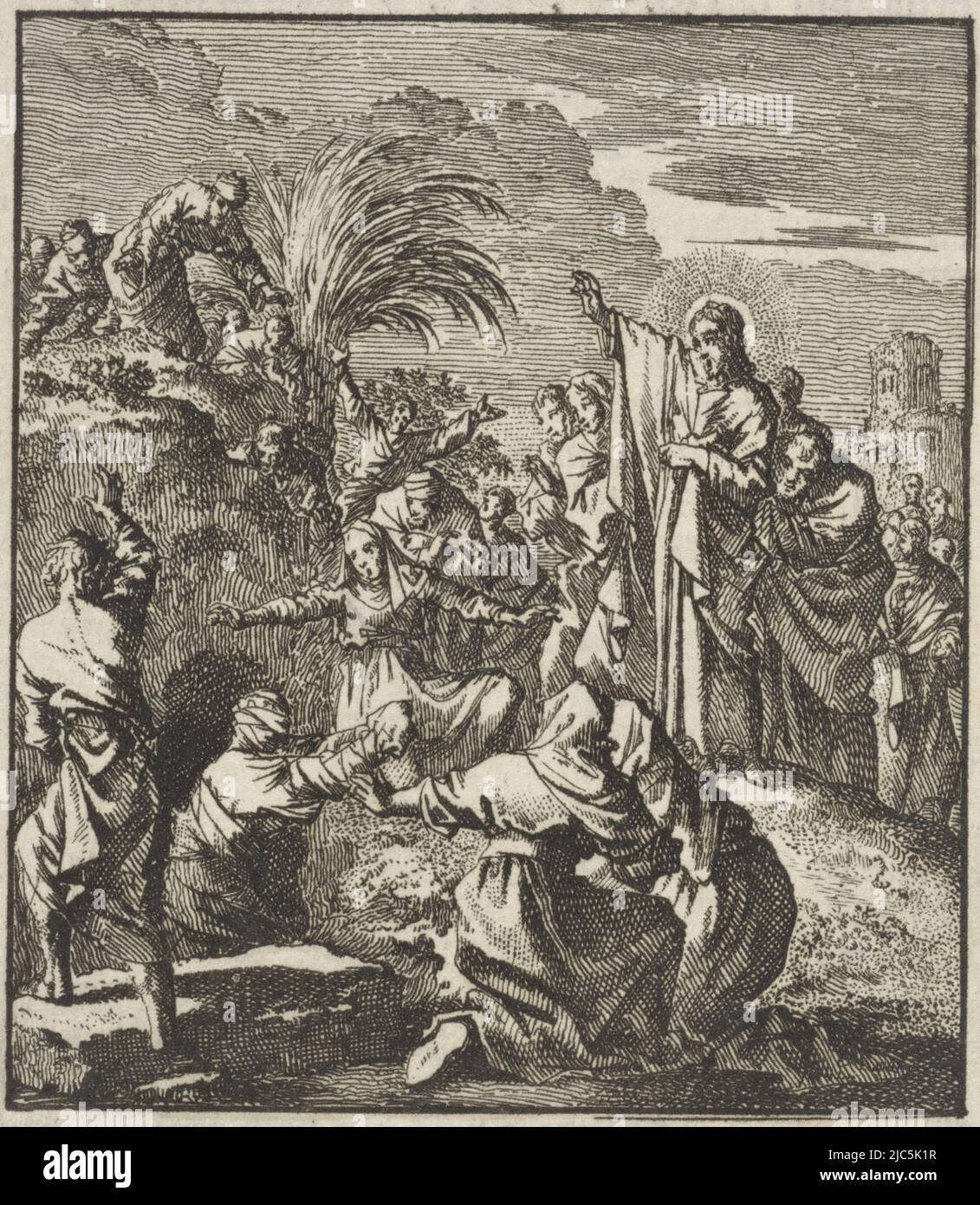 Raising of Lazarus, imprimeur: Jan Luyken, éditeur: Jan Rieuwertsz. (II), éditeur: Barent Visscher, Amsterdam, 1706, papier, gravure, impression typographique, h 90 mm × l 80 mm Banque D'Images
