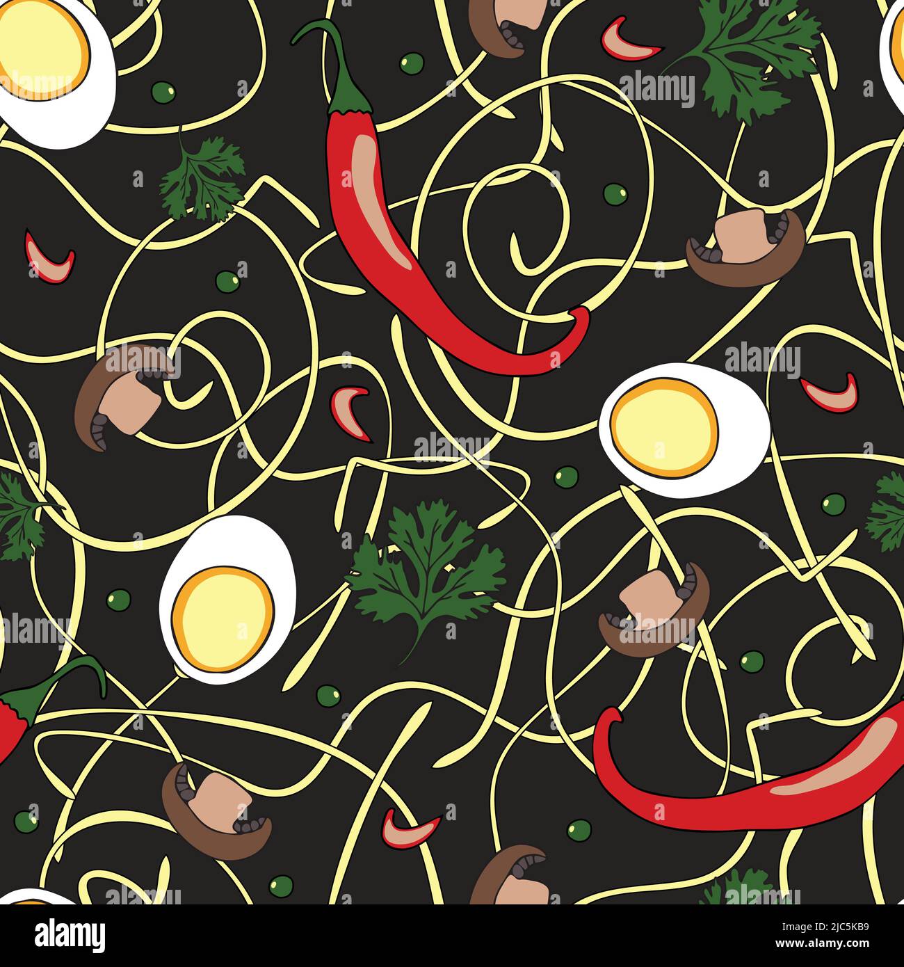 Motif vectoriel sans couture avec ingrédients de soupe de nouilles sur fond noir. Papier peint alimentaire sain avec œufs, piments chauds et champignons. Illustration de Vecteur