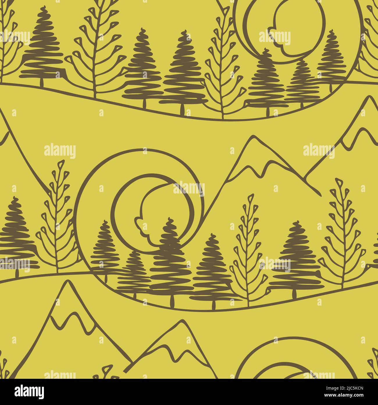 Motif vectoriel transparent avec paysage forestier sur fond jaune. Papier peint style art en ligne simple pour l'extérieur. Illustration de Vecteur