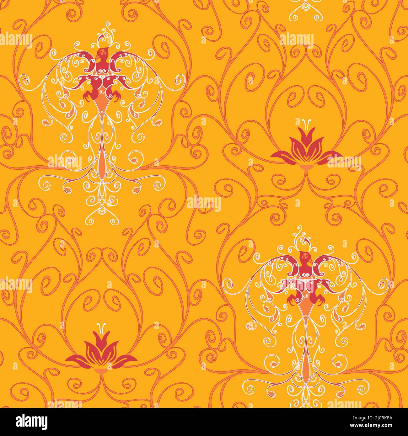 Motif vectoriel sans couture avec fleur de phoenix et de lotus sur fond jaune. Superbe papier peint à lignes courbes avec oiseaux. Illustration de Vecteur